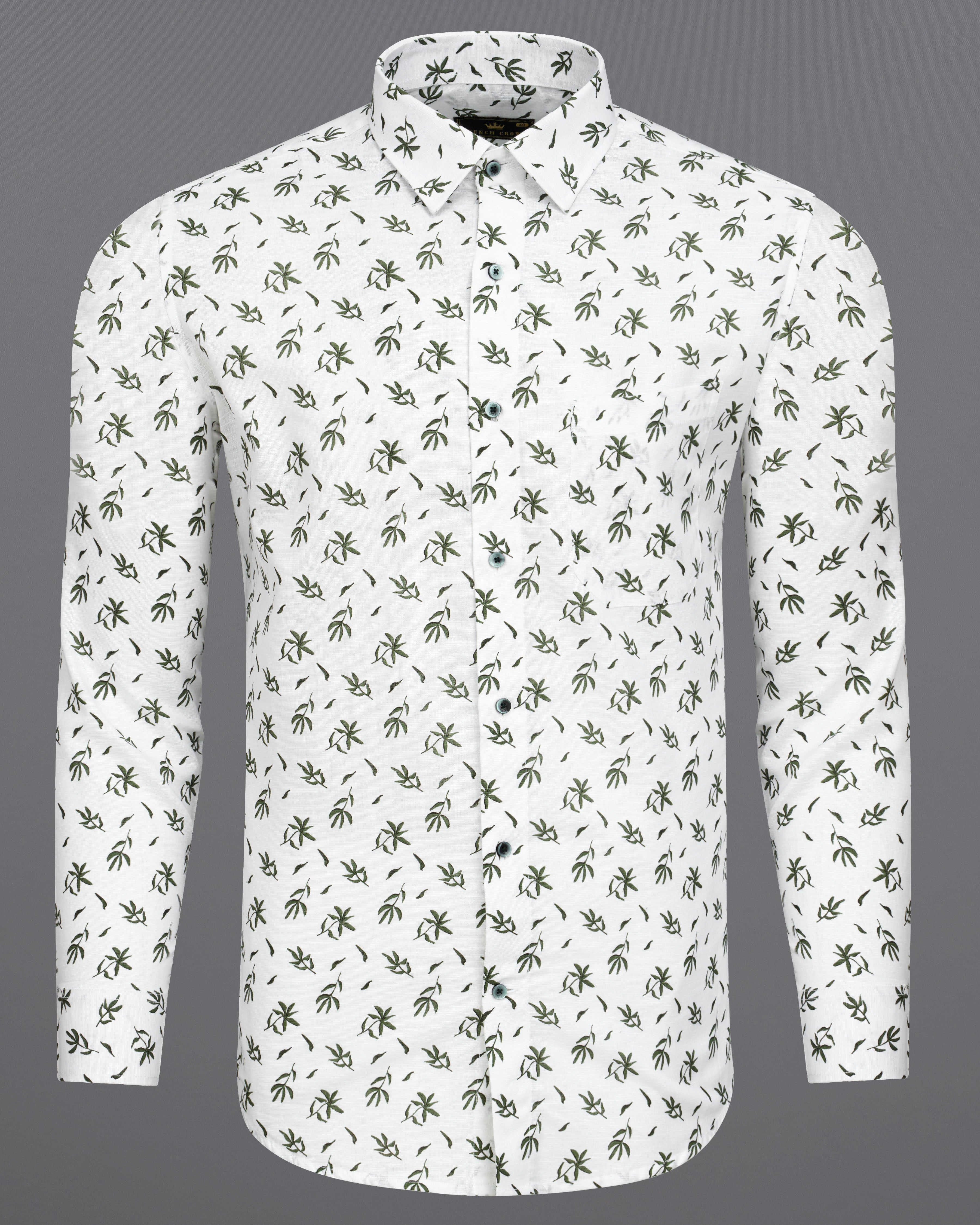 Bright White with Leaves Printed Luxurious Linen Shirt  8738-GR-38,8738-GR-H-38,8738-GR-39,8738-GR-H-39,8738-GR-40,8738-GR-H-40,8738-GR-42,8738-GR-H-42,8738-GR-44,8738-GR-H-44,8738-GR-46,8738-GR-H-46,8738-GR-48,8738-GR-H-48,8738-GR-50,8738-GR-H-50,8738-GR-52,8738-GR-H-52