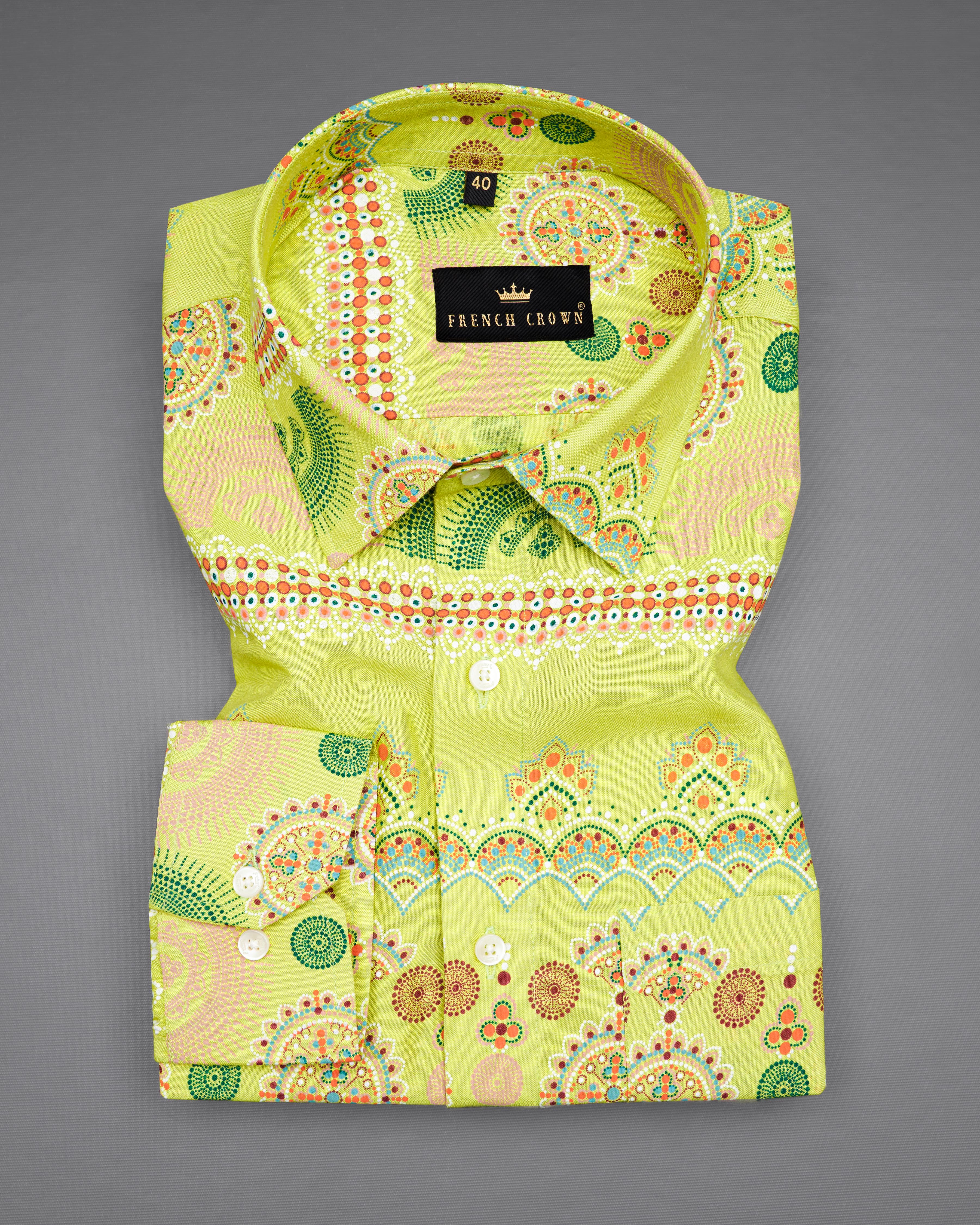 Arylide Green Bohemian Printed Premium Tencel Shirt  8741-38,8741-H-38,8741-39,8741-H-39,8741-40,8741-H-40,8741-42,8741-H-42,8741-44,8741-H-44,8741-46,8741-H-46,8741-48,8741-H-48,8741-50,8741-H-50,8741-52,8741-H-52