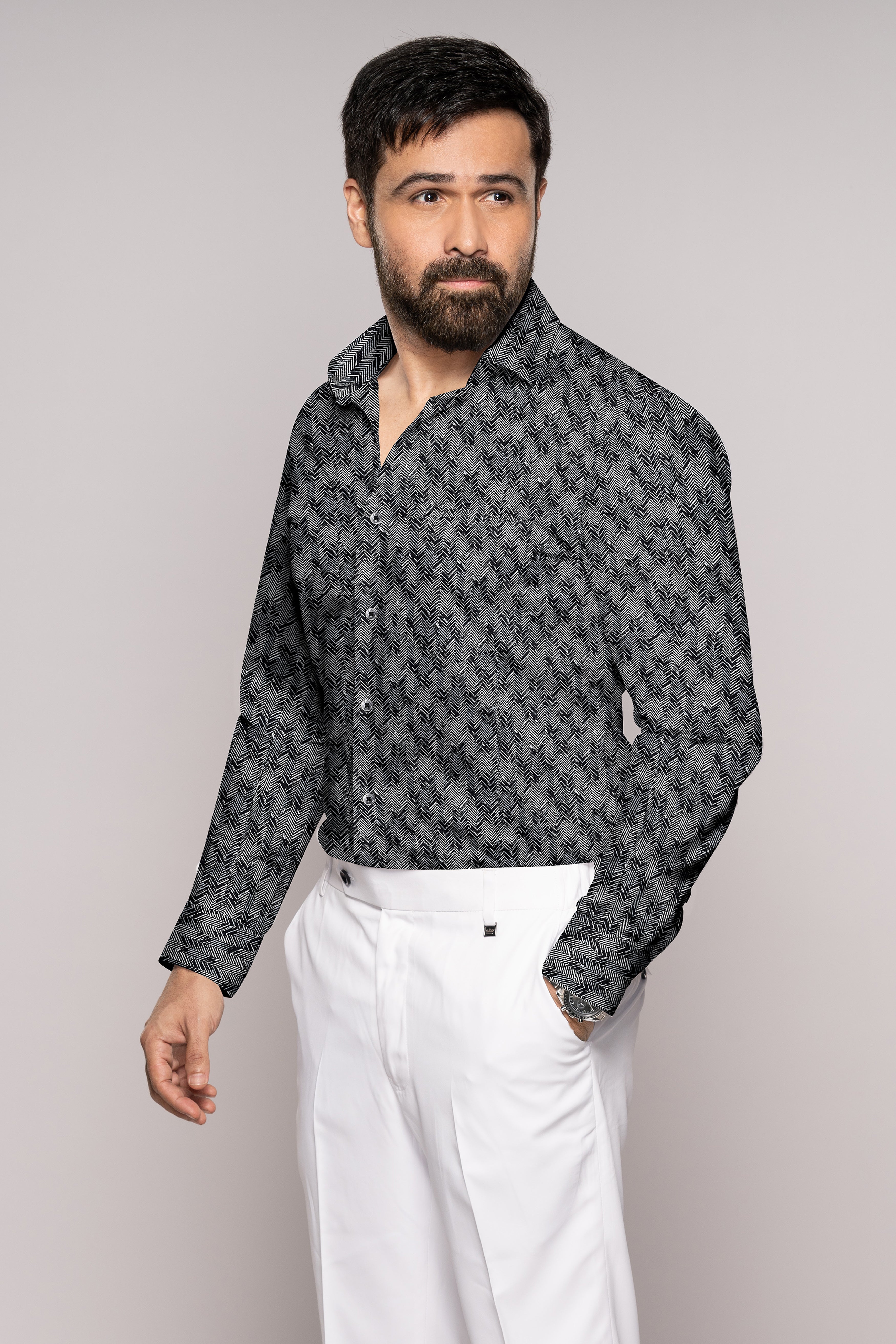 Jade Black with Gravel Gray Sanganeri Block Printed Royal Oxford Shirt