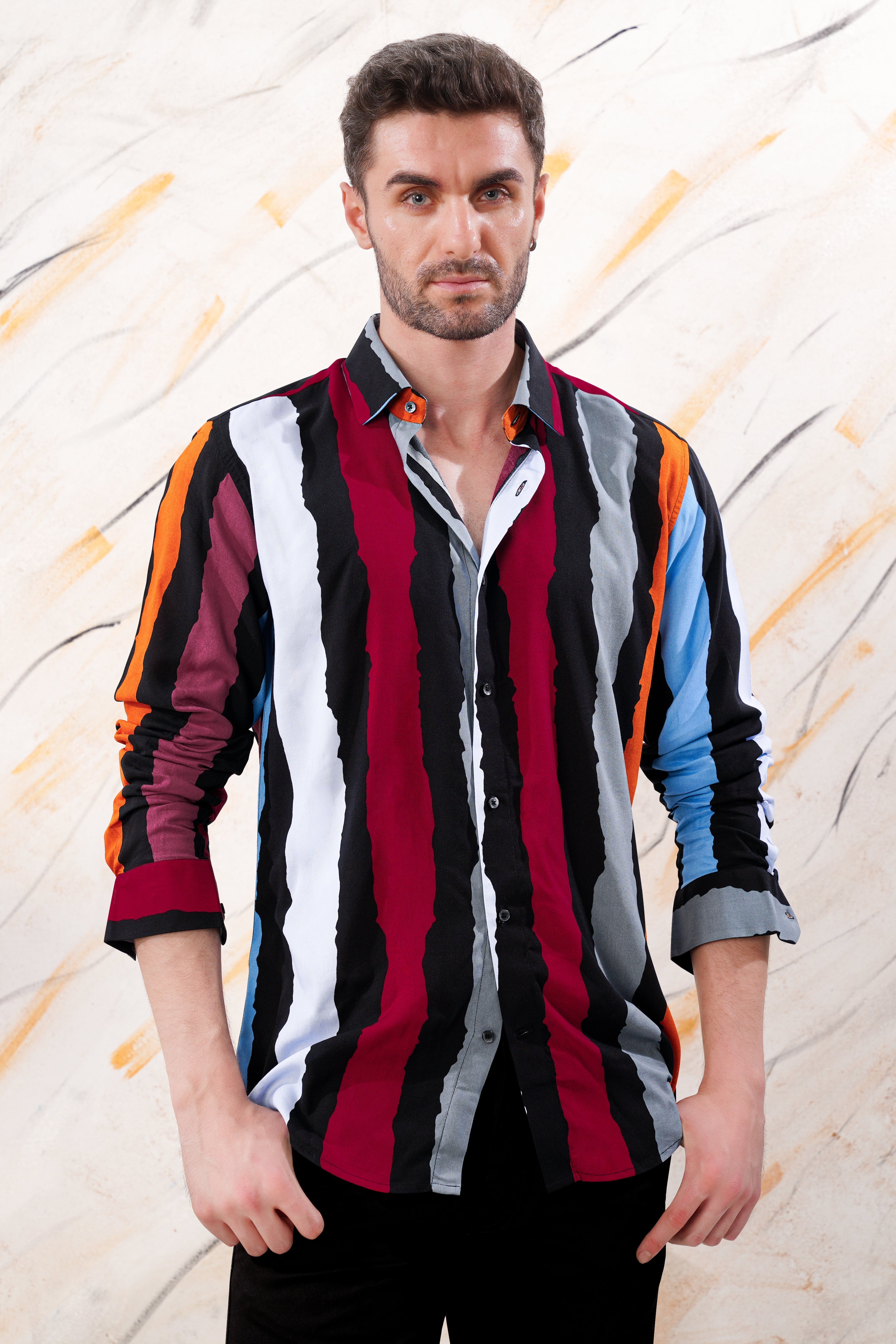 Jade Black with Tropical Blue Multicolour Striped Premium Tencel Shirt