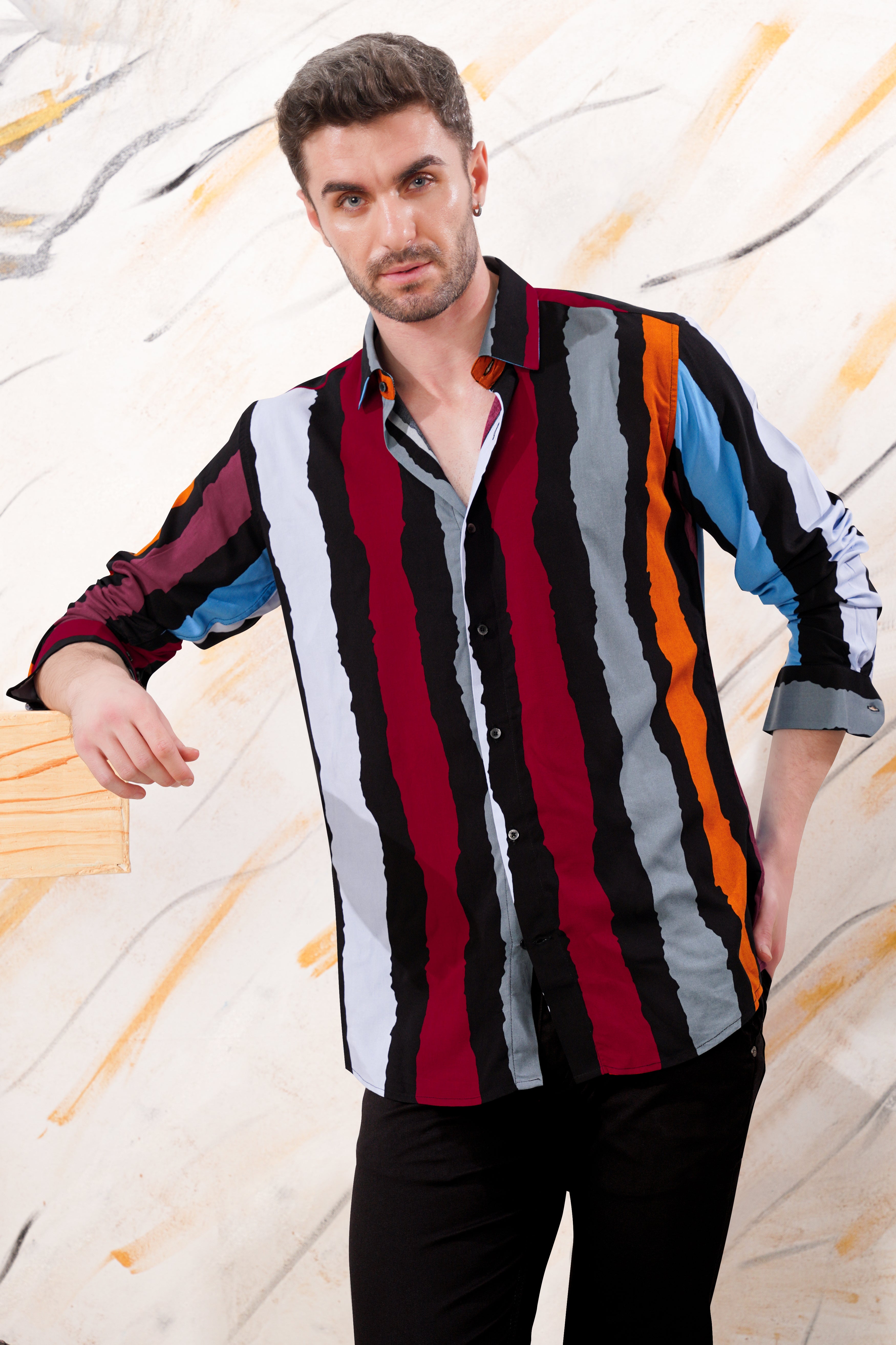 Jade Black with Tropical Blue Multicolour Striped Premium Tencel Shirt