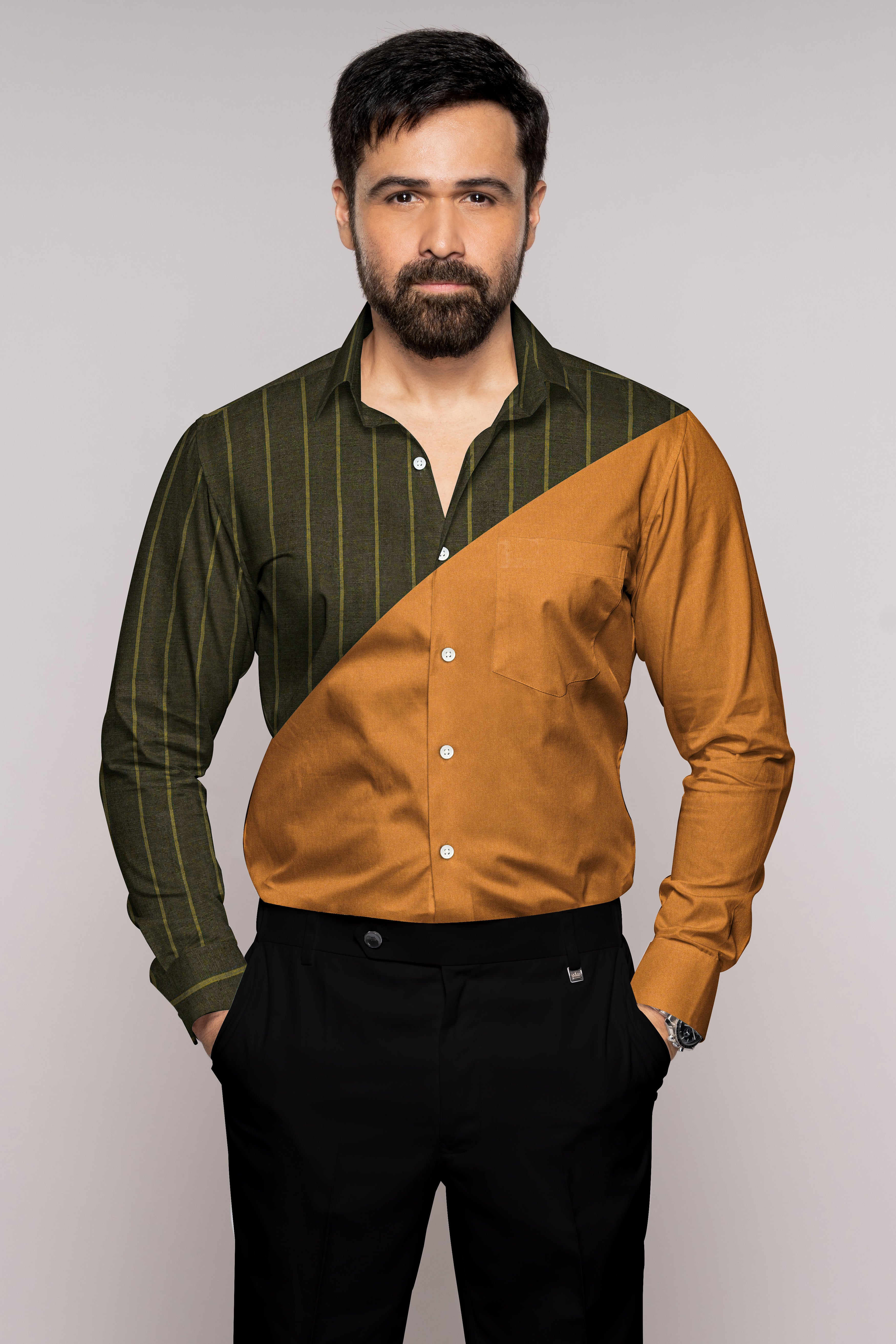 Palliser Brown with Bistre Green Striped Luxurious Linen Designer Shirt