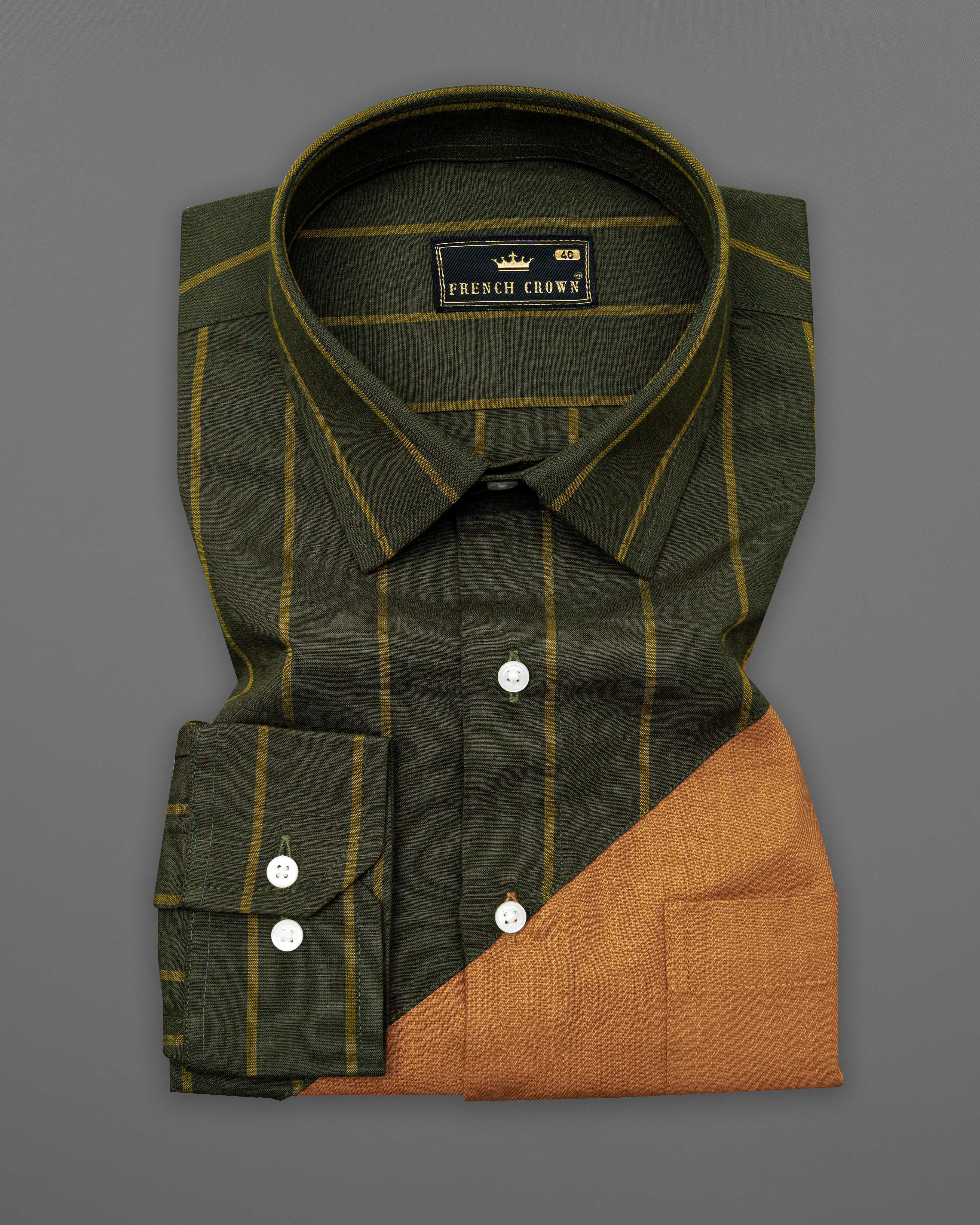 Palliser Brown with Bistre Green Striped Luxurious Linen Designer Shirt