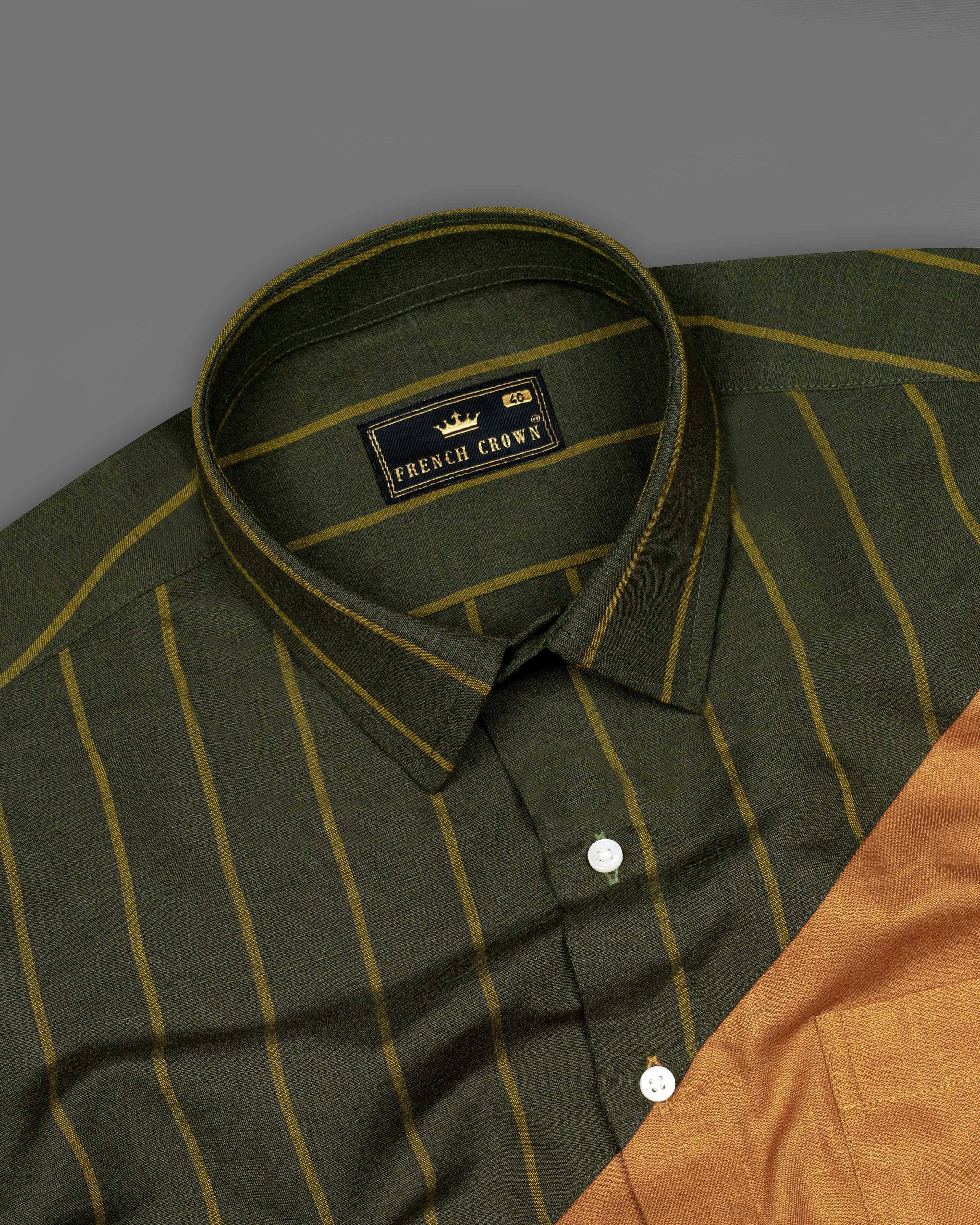 Palliser Brown with Bistre Green Striped Luxurious Linen Designer Shirt