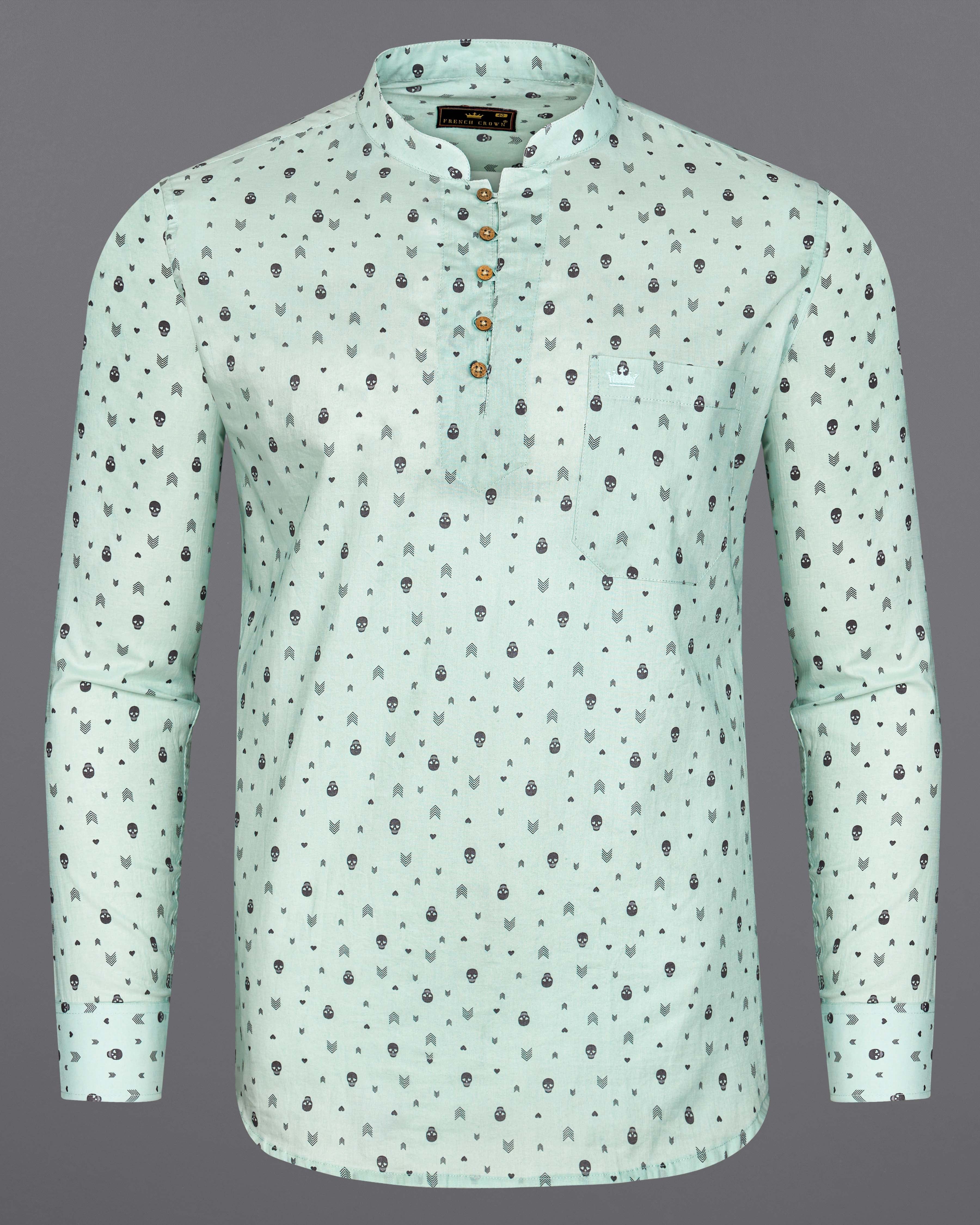 Sea Mist Green Skull and Arrow Printed Premium Cotton Kurta Shirt  8756-KS-38,8756-KS-H-38,8756-KS-39,8756-KS-H-39,8756-KS-40,8756-KS-H-40,8756-KS-42,8756-KS-H-42,8756-KS-44,8756-KS-H-44,8756-KS-46,8756-KS-H-46,8756-KS-48,8756-KS-H-48,8756-KS-50,8756-KS-H-50,8756-KS-52,8756-KS-H-52