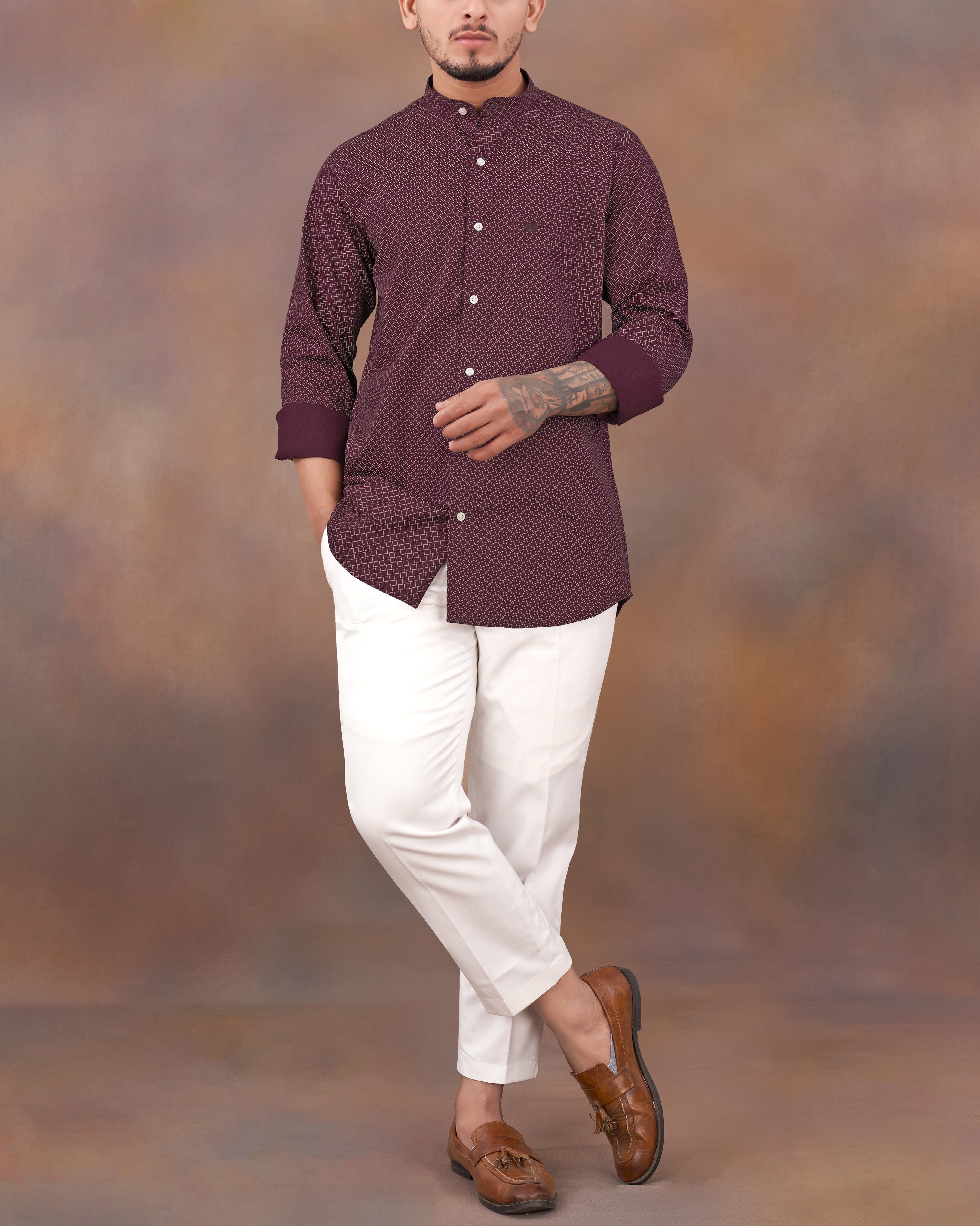 Wine Berry Printed Royal Oxford Shirt