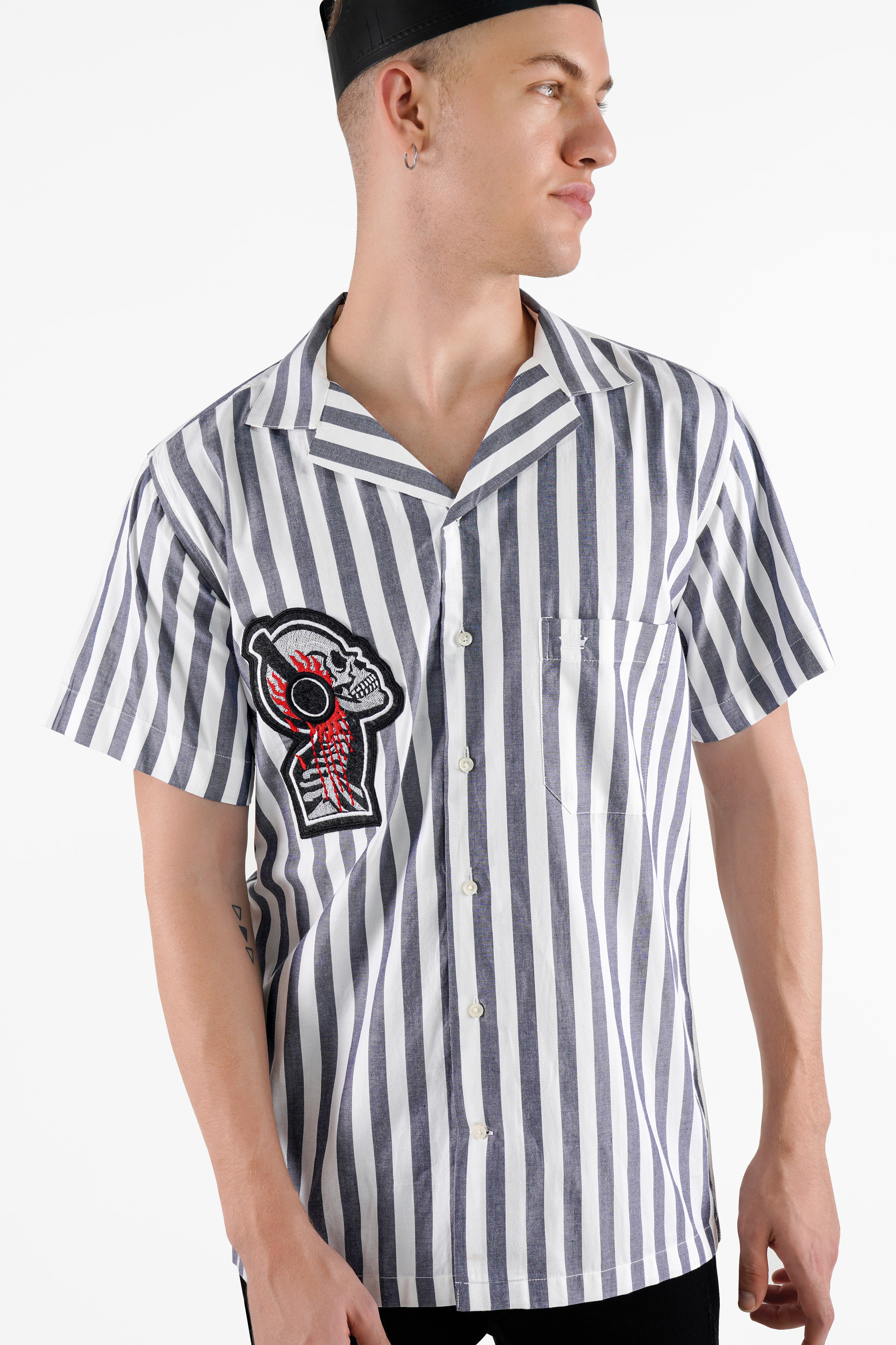 Bright White and Waterloo Gray Striped with Embroidered Patchwork Premium Cotton Designer Shirt