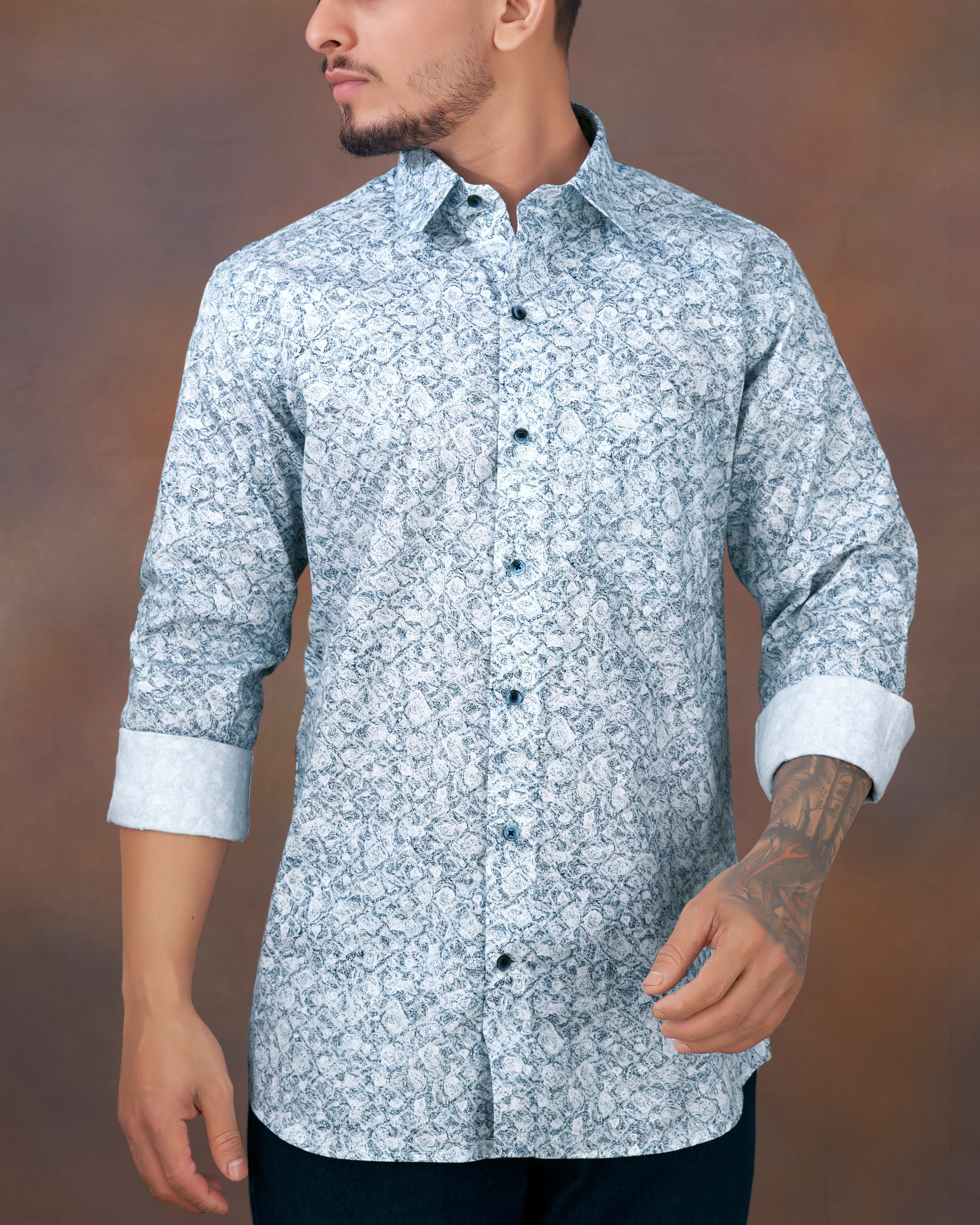 Bright White with Zodiac Blue Printed Royal Oxford Shirt