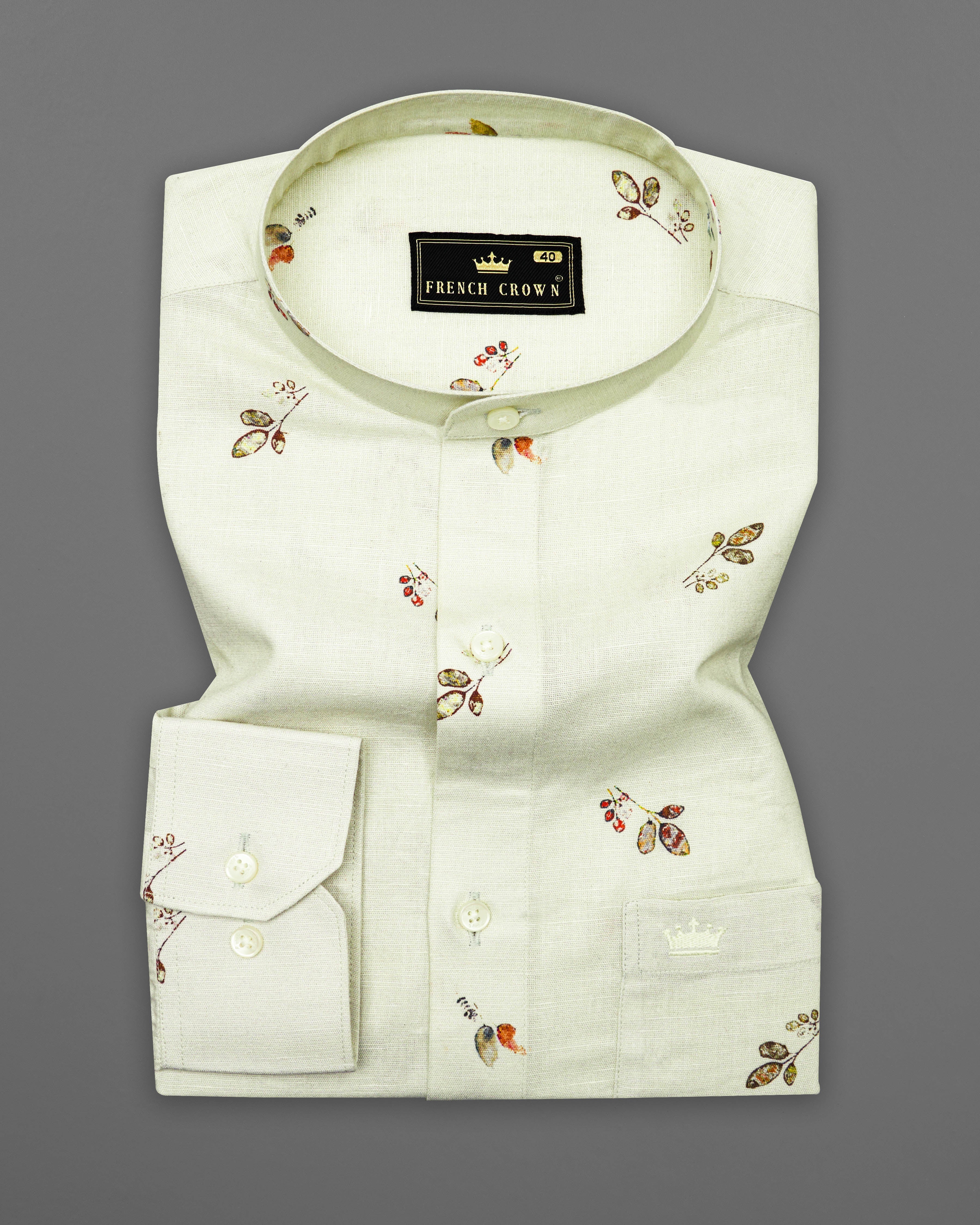 Beryl Beige Leaves Printed Luxurious Linen Shirt  8787-M-38,8787-M-H-38,8787-M-39,8787-M-H-39,8787-M-40,8787-M-H-40,8787-M-42,8787-M-H-42,8787-M-44,8787-M-H-44,8787-M-46,8787-M-H-46,8787-M-48,8787-M-H-48,8787-M-50,8787-M-H-50,8787-M-52,8787-M-H-52