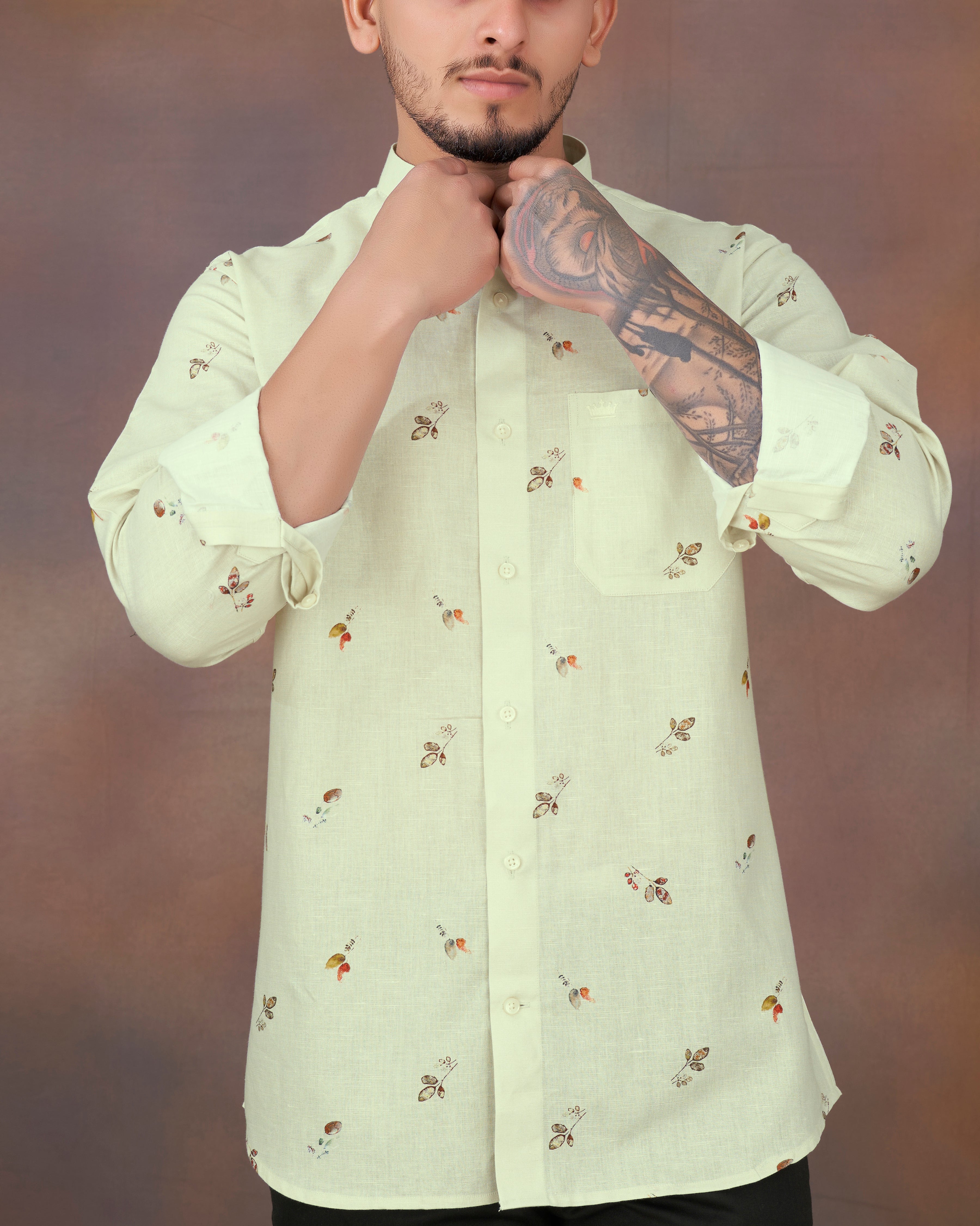 Beryl Beige Leaves Printed Luxurious Linen Shirt