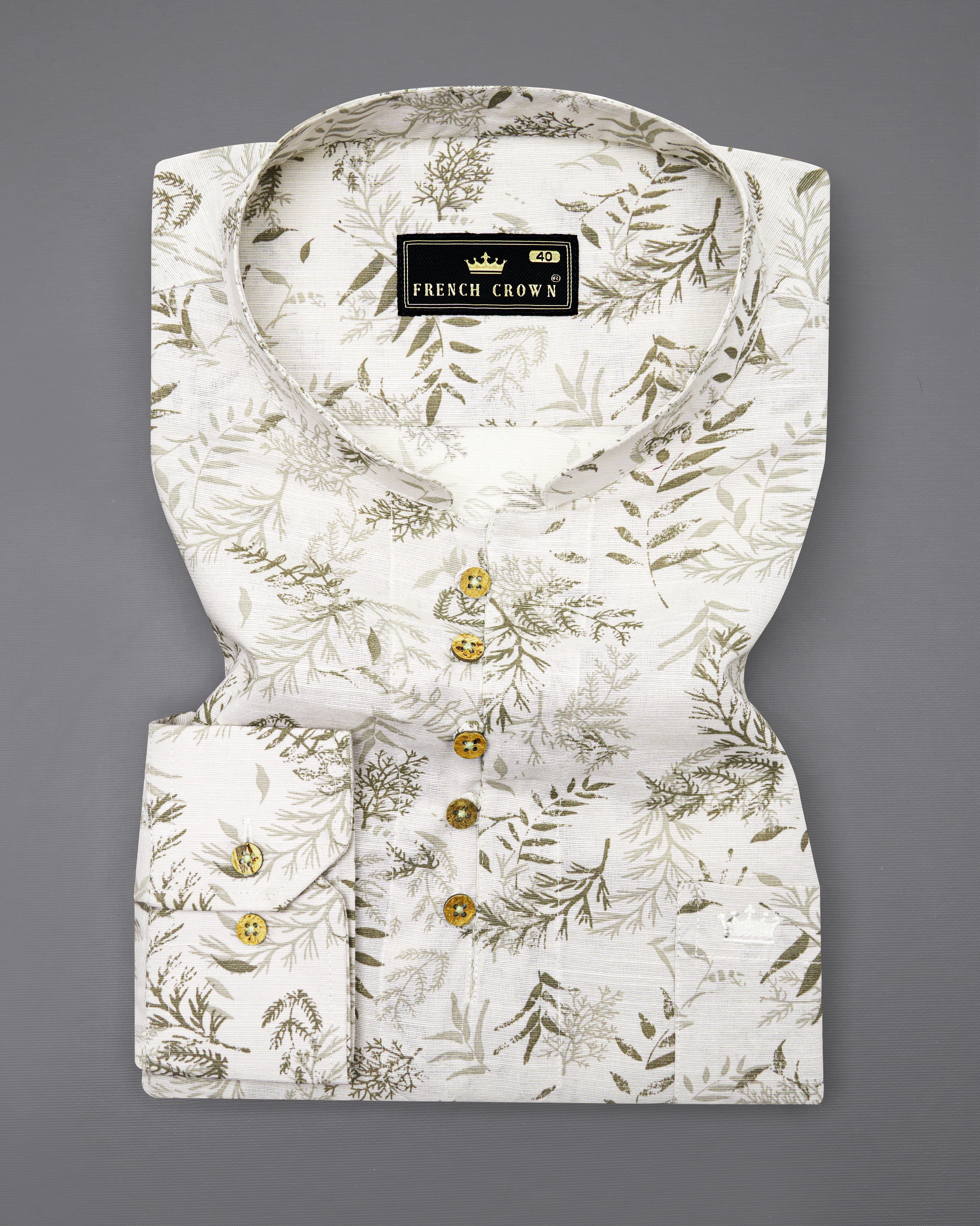 Mercury White with Leaves Printed Luxurious Linen Shirt  8790-KS-38,8790-KS-H-38,8790-KS-39,8790-KS-H-39,8790-KS-40,8790-KS-H-40,8790-KS-42,8790-KS-H-42,8790-KS-44,8790-KS-H-44,8790-KS-46,8790-KS-H-46,8790-KS-48,8790-KS-H-48,8790-KS-50,8790-KS-H-50,8790-KS-52,8790-KS-H-52