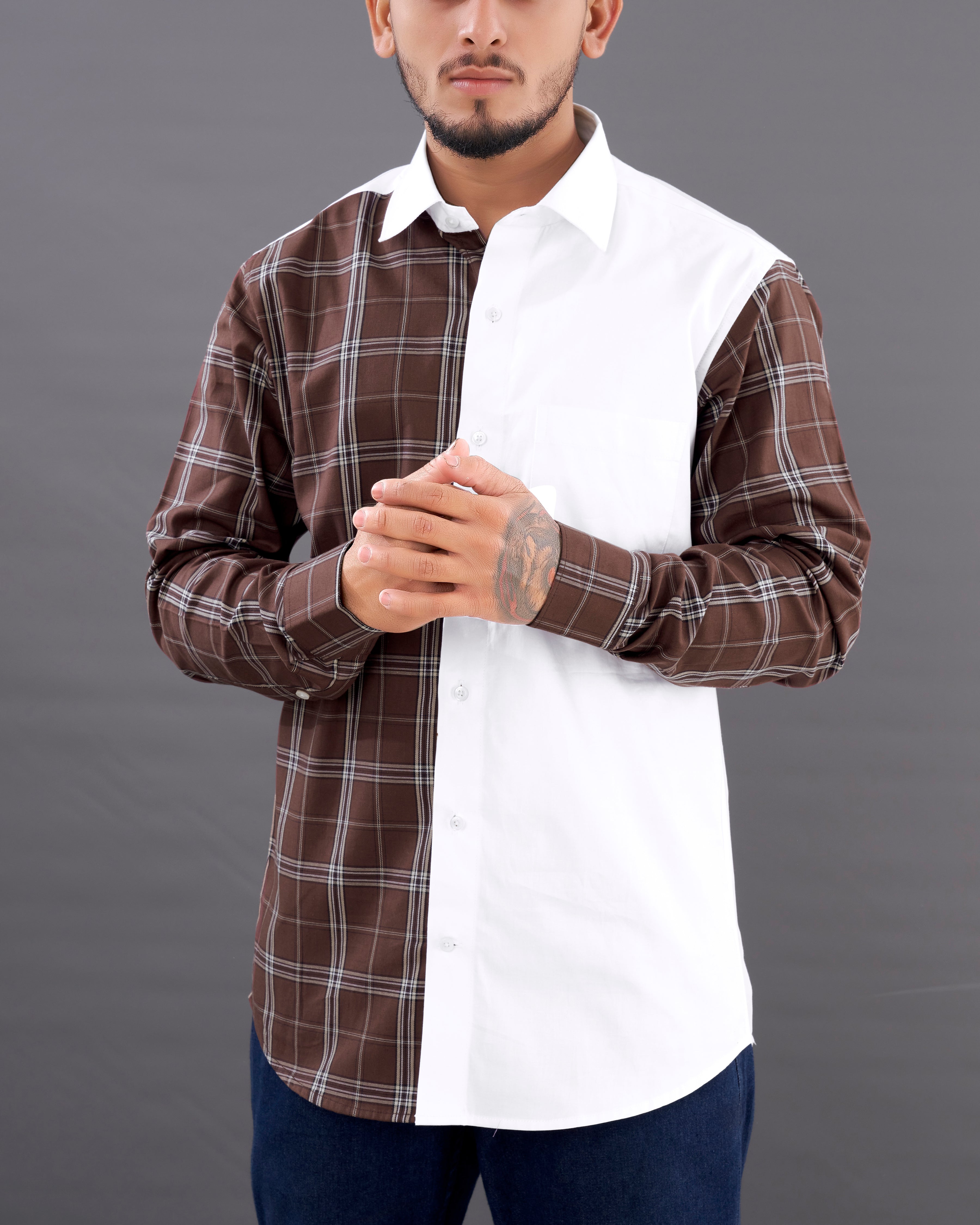 Bright White with Bistre Brown Plaid Super Soft Premium Cotton Designer Shirt