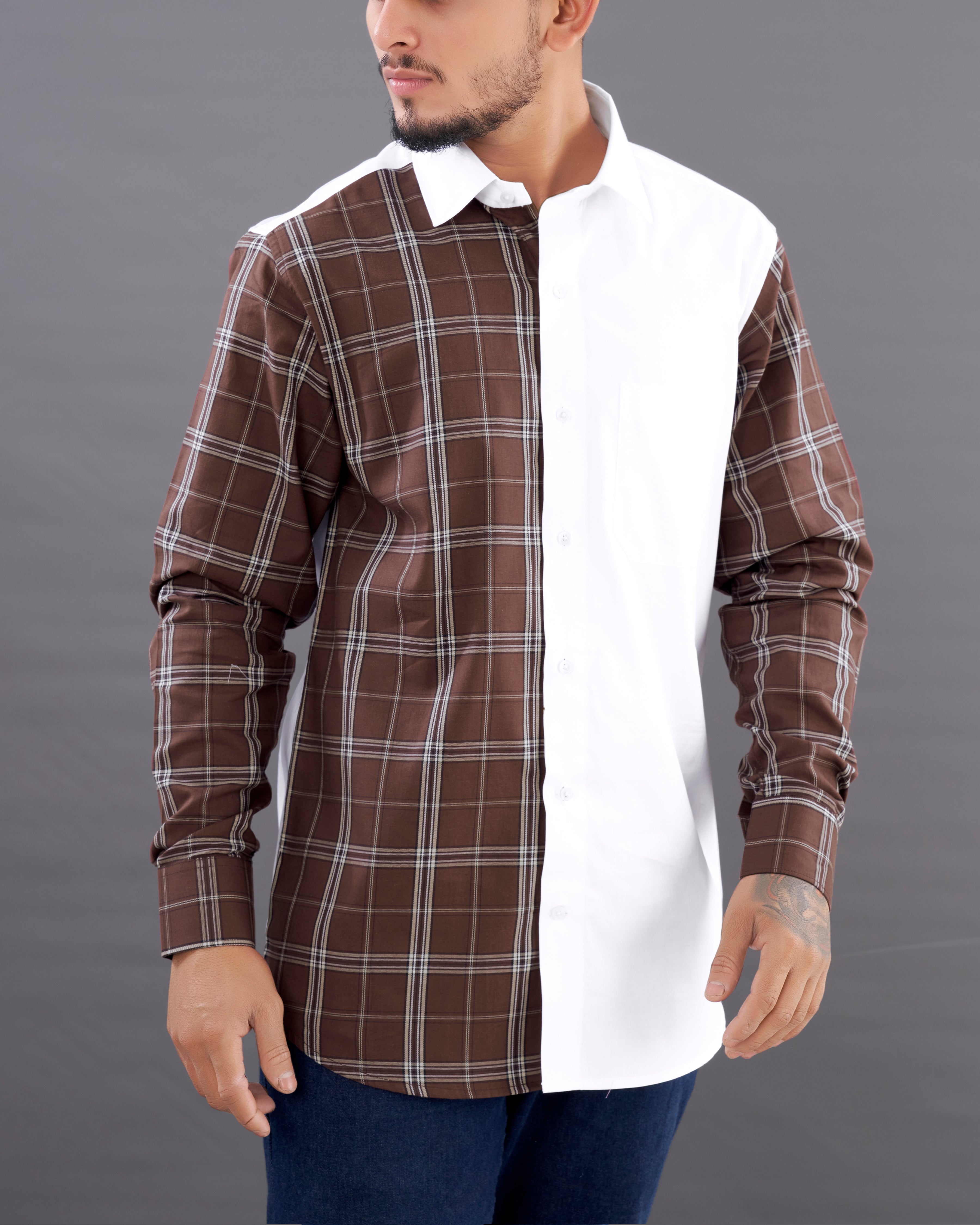 Bright White with Bistre Brown Plaid Super Soft Premium Cotton Designer Shirt