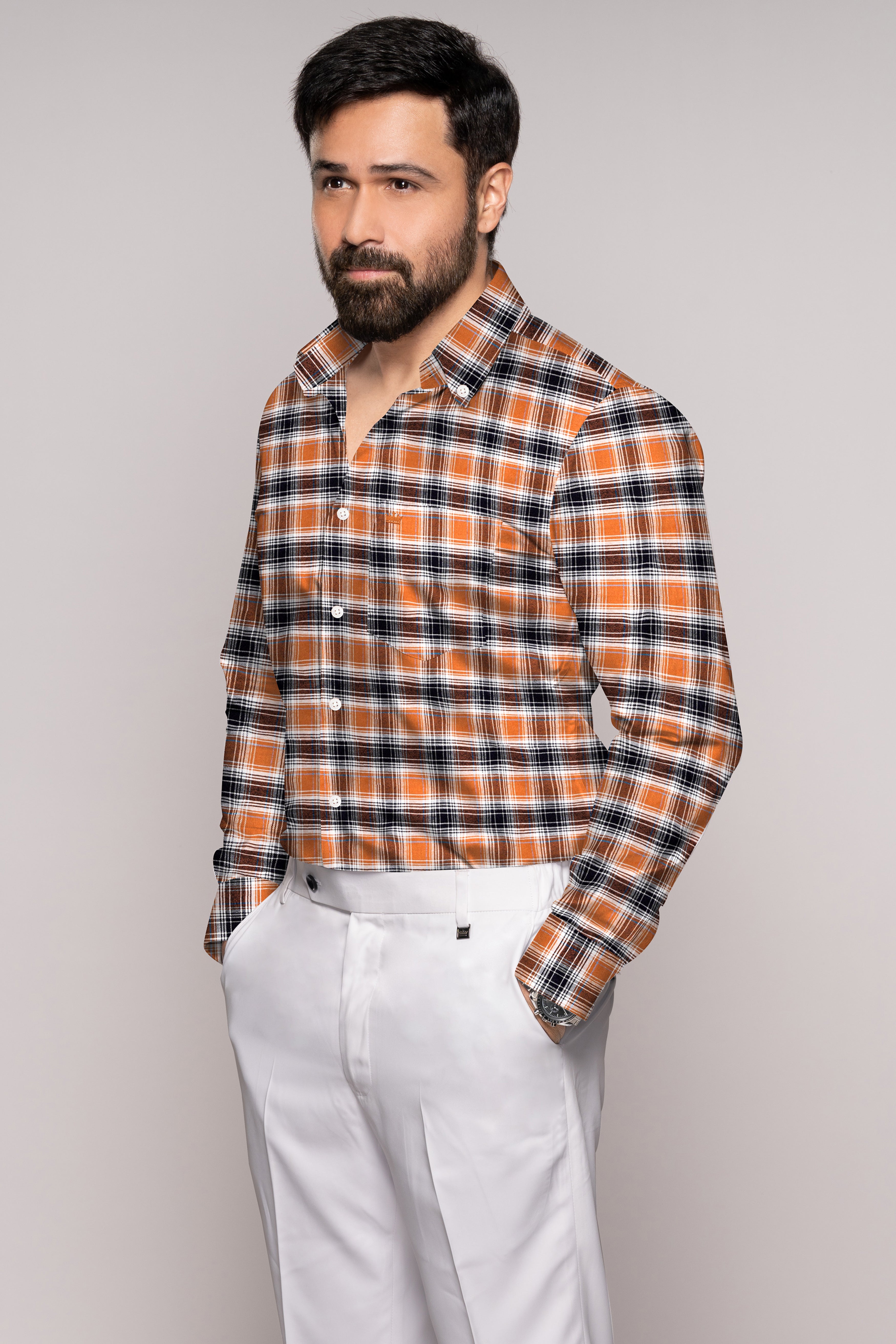 Terra Cotta Brown and Mirage Black Plaid Flannel Shirt