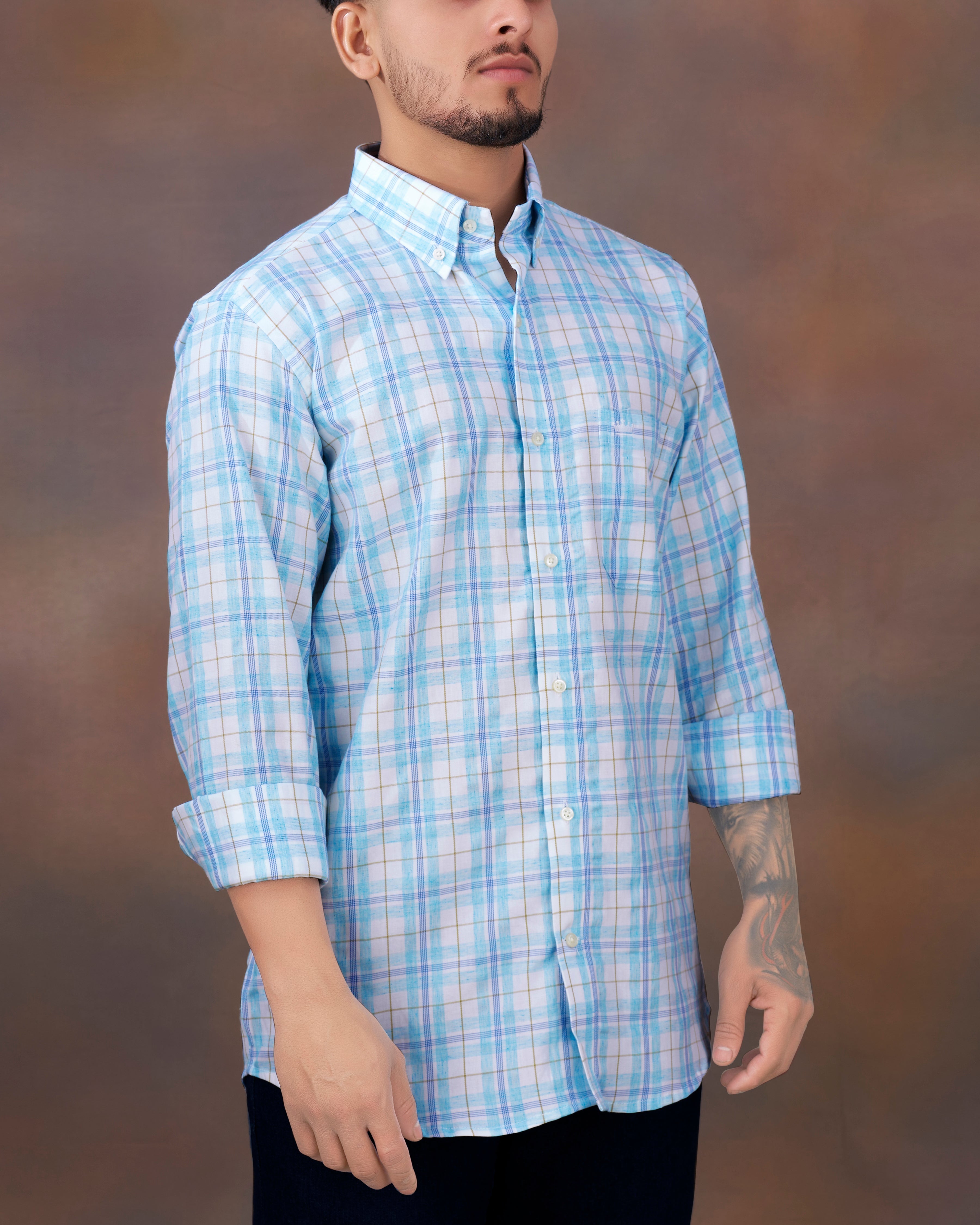 Bright White with Sapphire Blue Plaid Premium Cotton Shirt