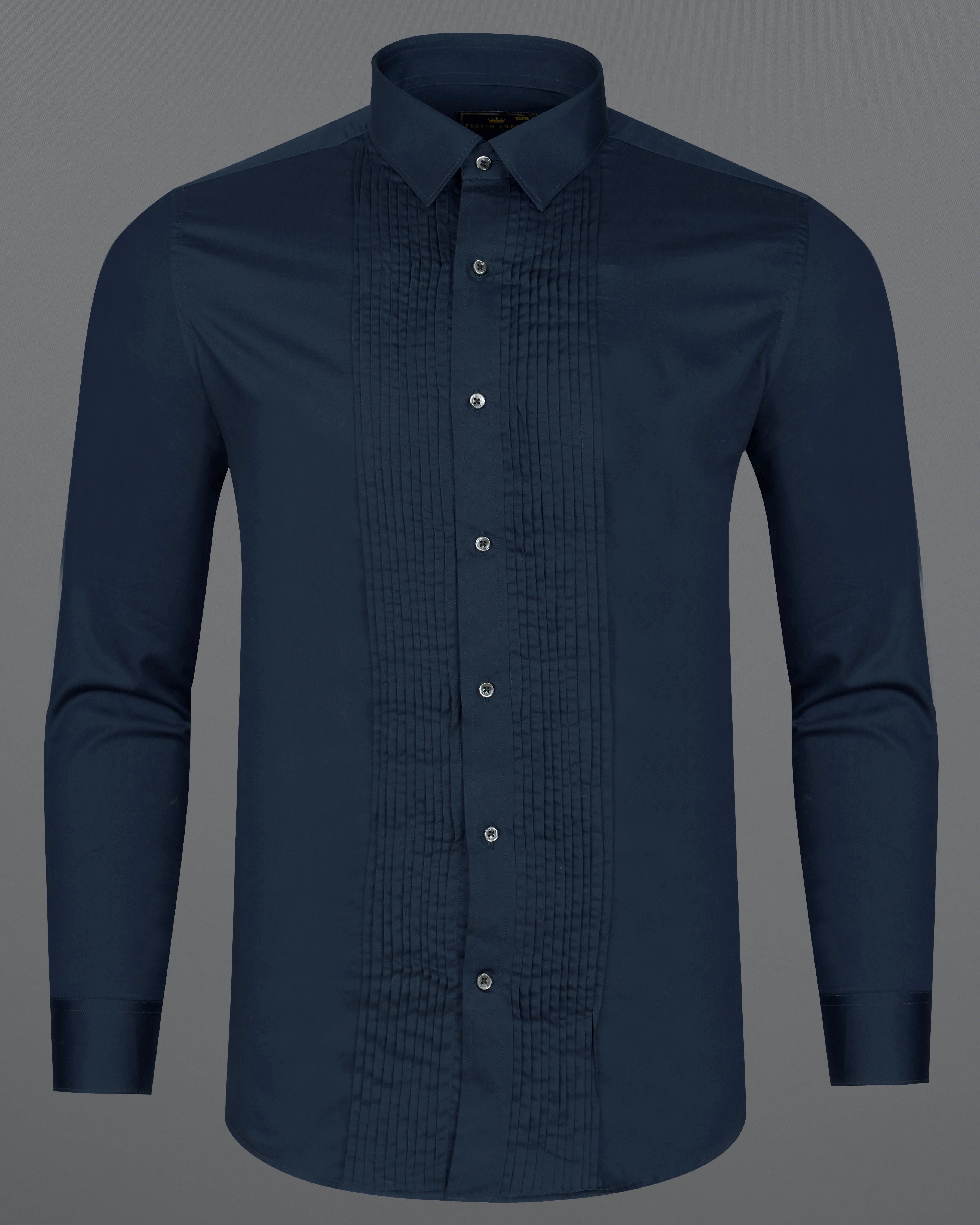 Baltic Sea Navy Blue Subtle Sheen Snake Pleated Super Soft Premium Cotton Tuxedo Shirt