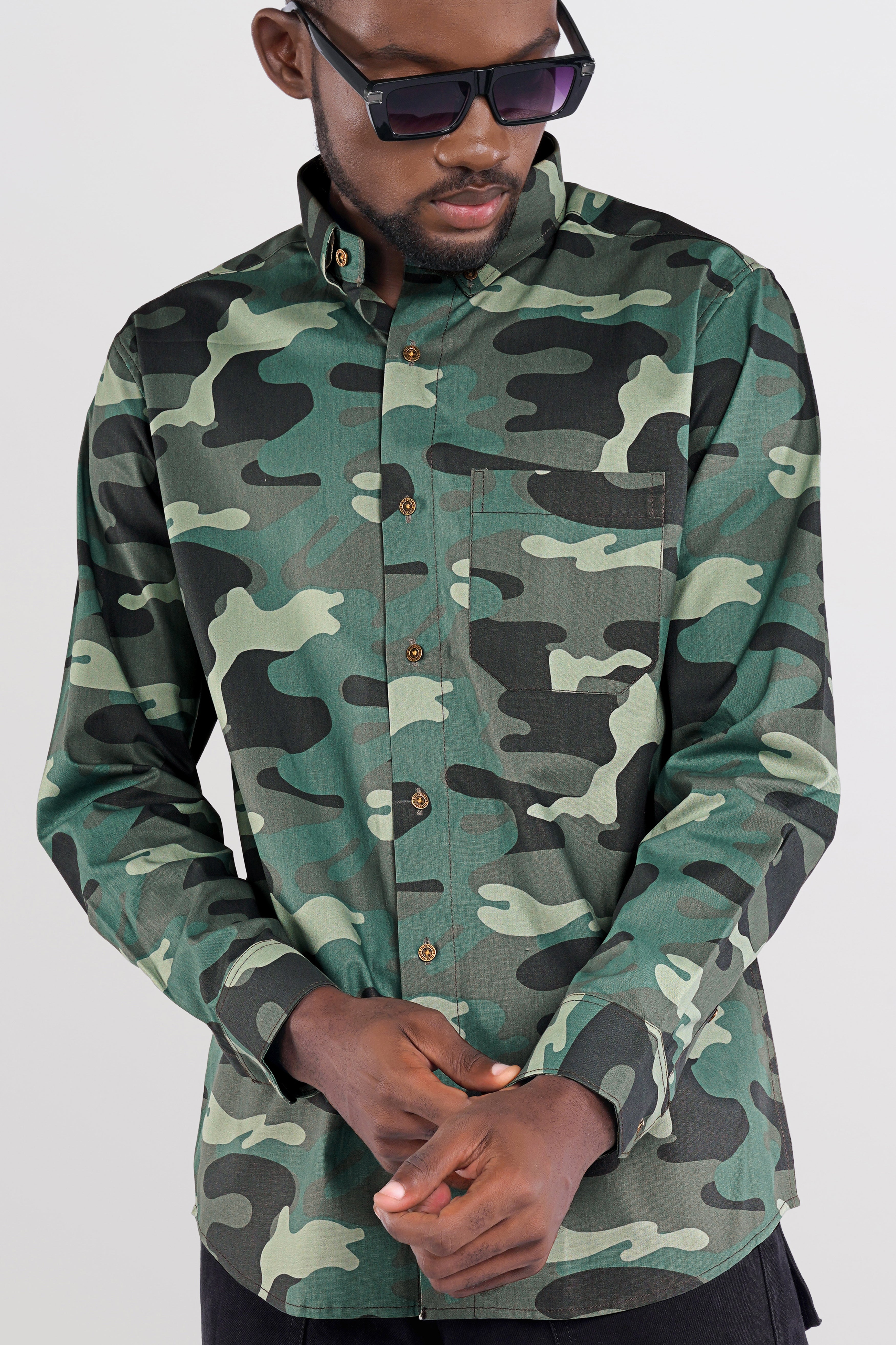 Viridian Green with Multicolour Camouflage Printed Royal Oxford Shirt