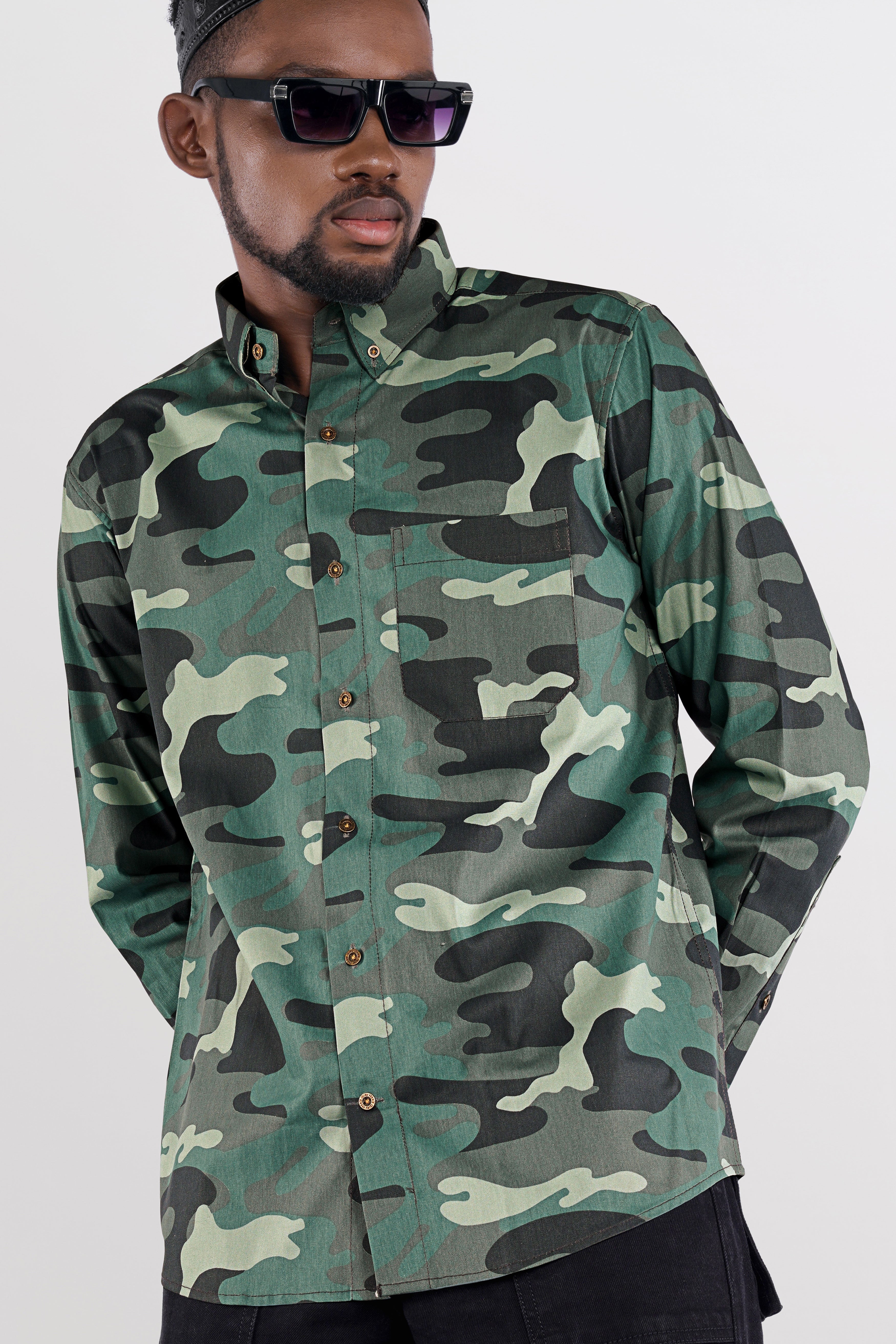 Viridian Green with Multicolour Camouflage Printed Royal Oxford Shirt