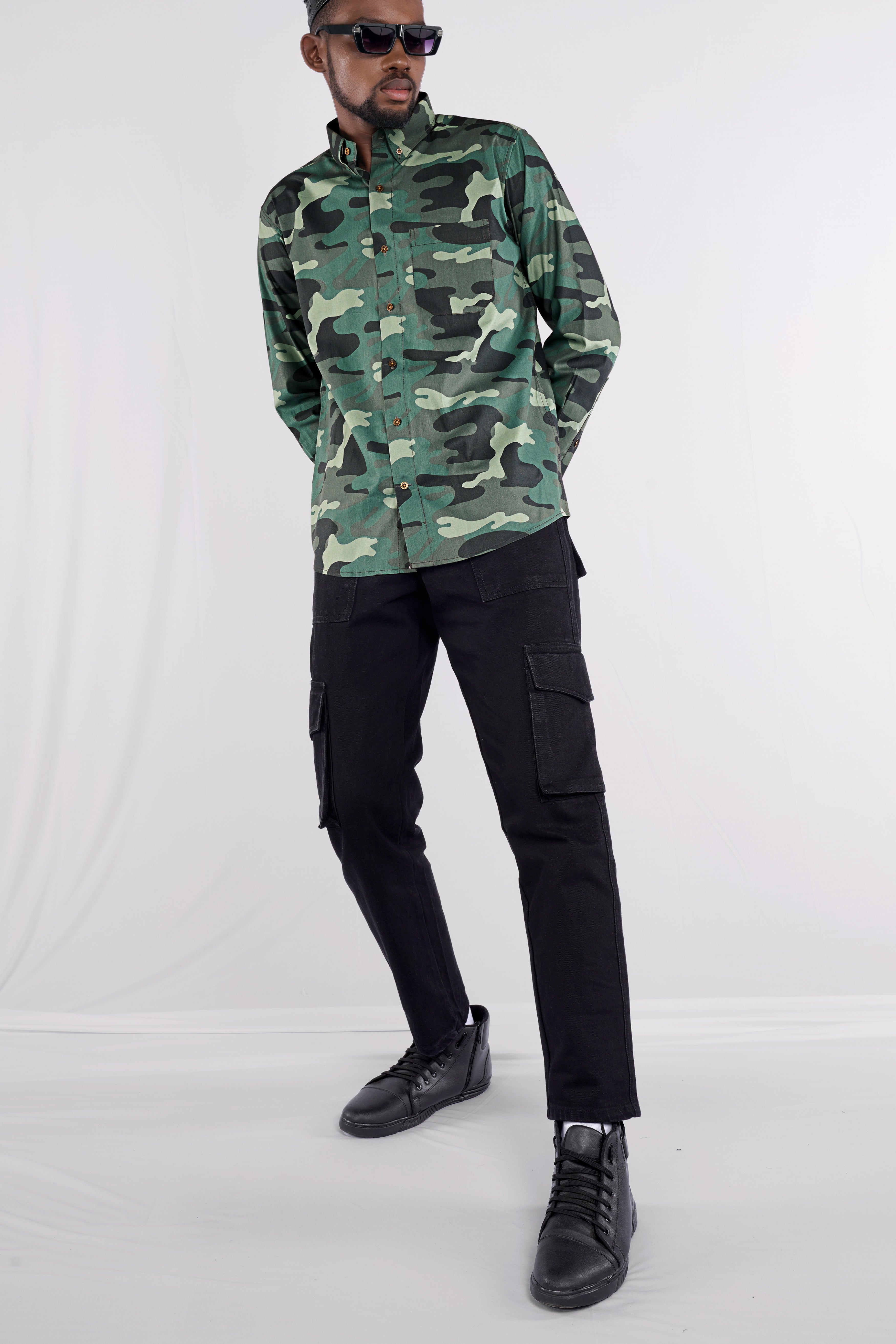 Viridian Green with Multicolour Camouflage Printed Royal Oxford Shirt