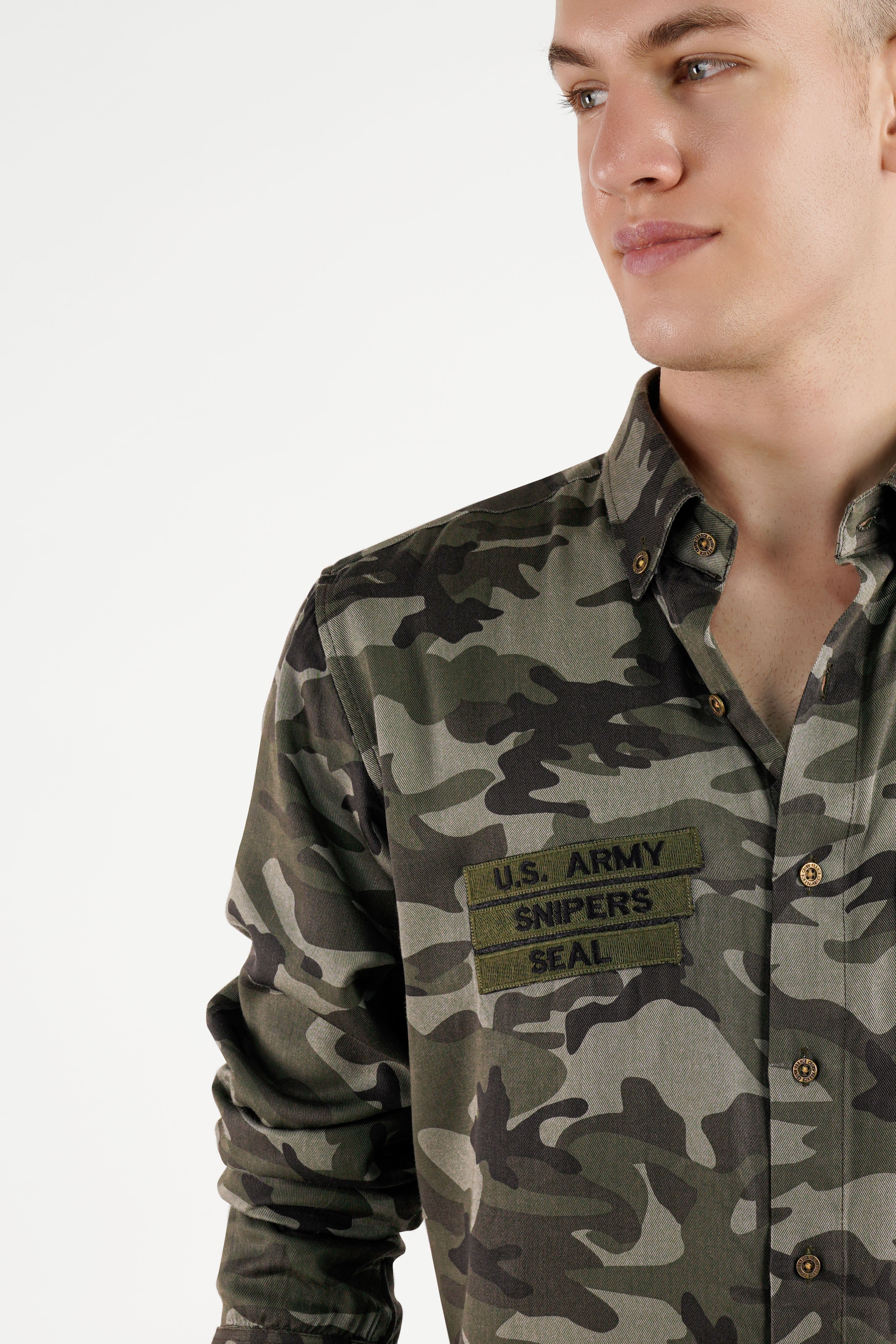 Lunar Dark Green with Concord Green Camouflage Patchwork Premium Tencel Designer Shirt