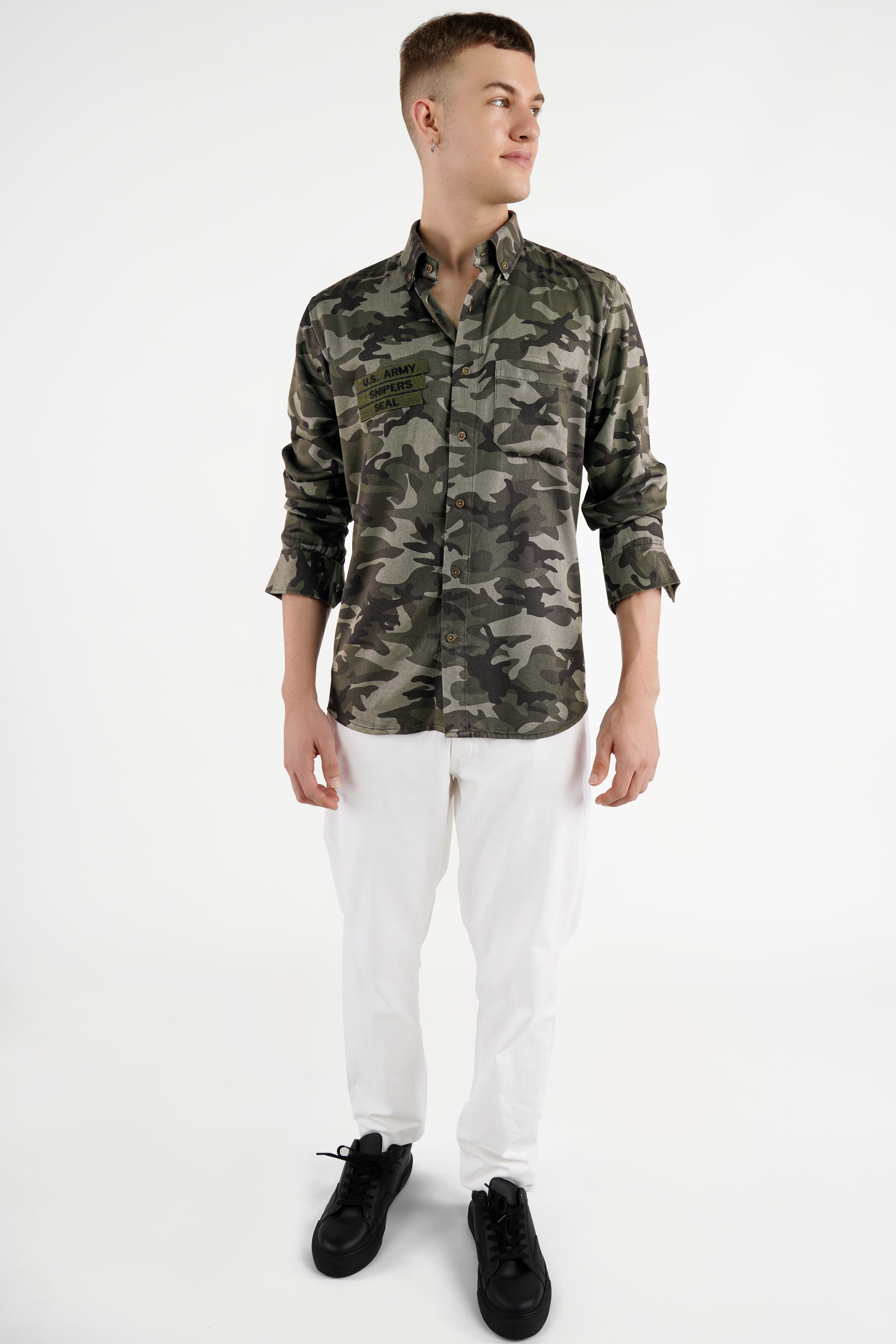 Lunar Dark Green with Concord Green Camouflage Patchwork Premium Tencel Designer Shirt