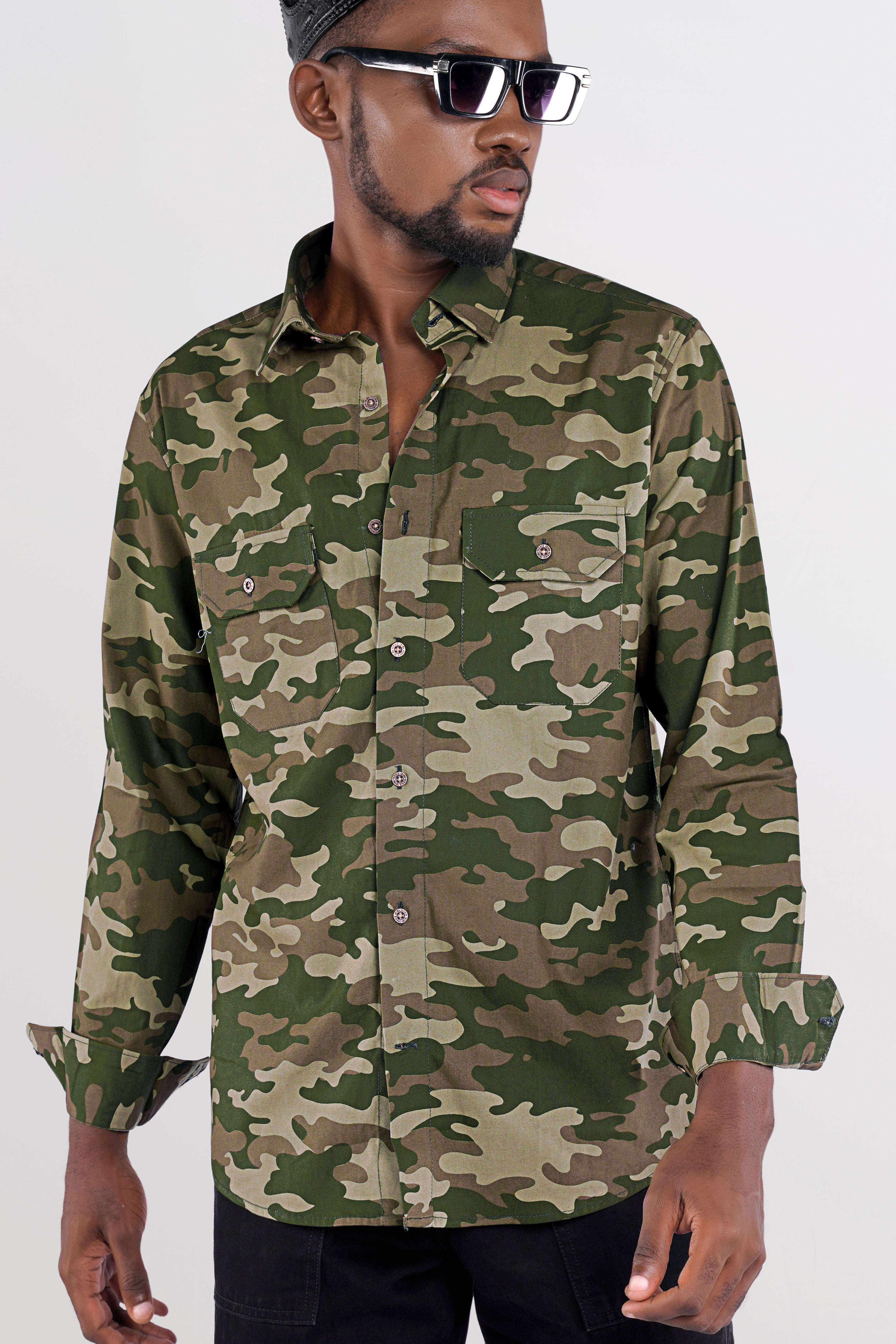 Wenge Brown with Charcoal Green Camouflage Printed Royal Oxford Designer Shirt