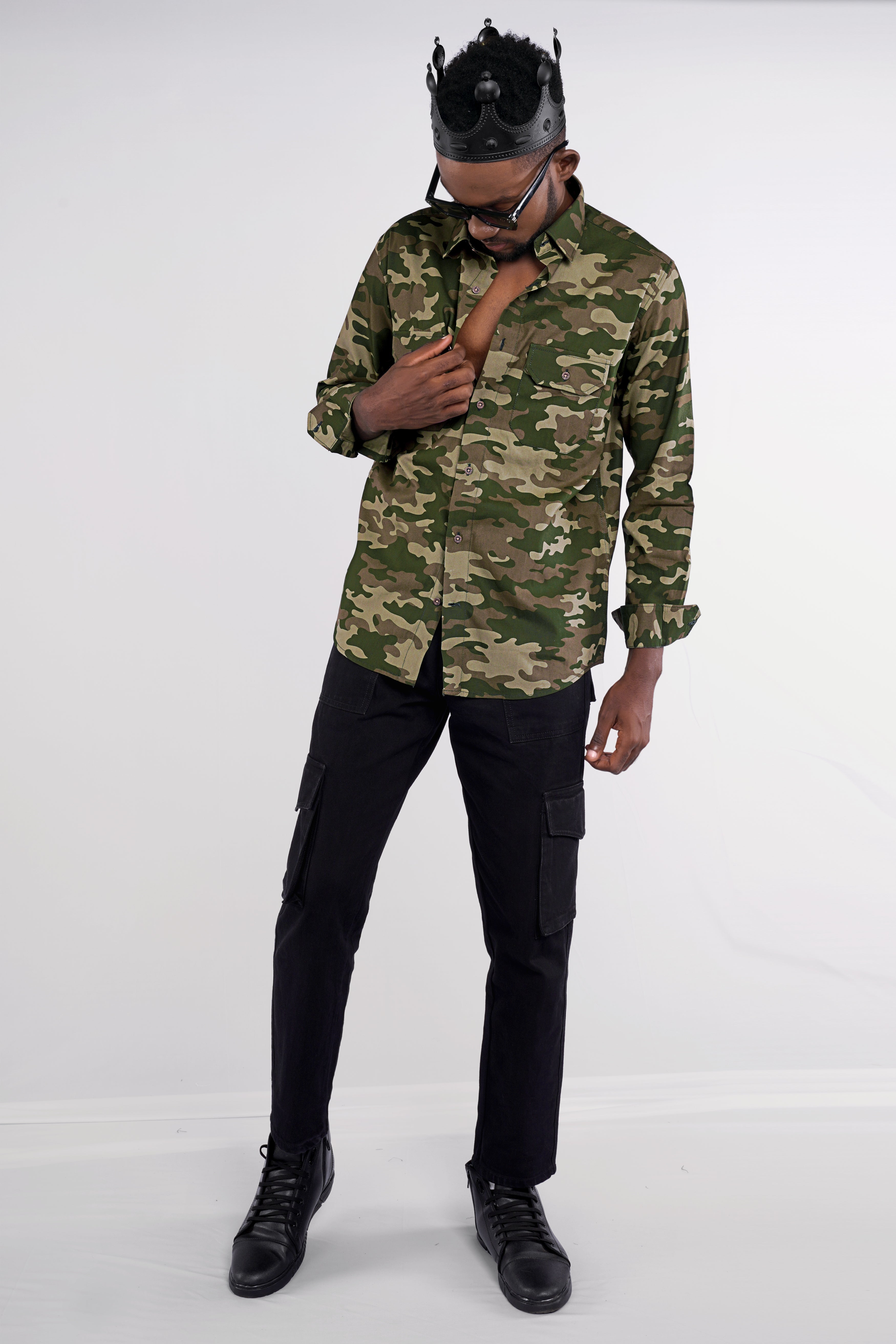 Wenge Brown with Charcoal Green Camouflage Printed Royal Oxford Designer Shirt