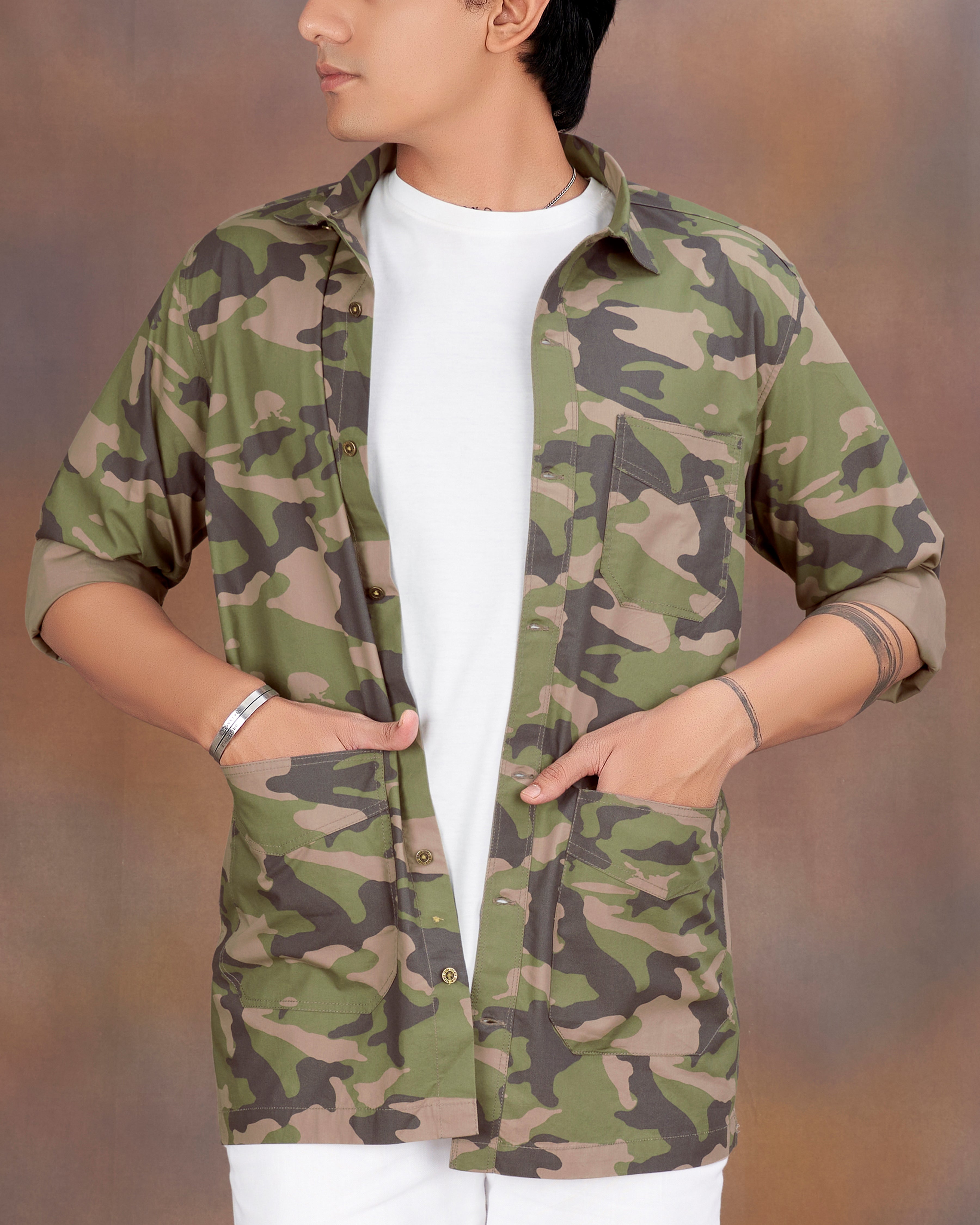 Granite Green with Nobel Brown Camouflage Printed Royal Oxford Designer Overshirt/Shacket