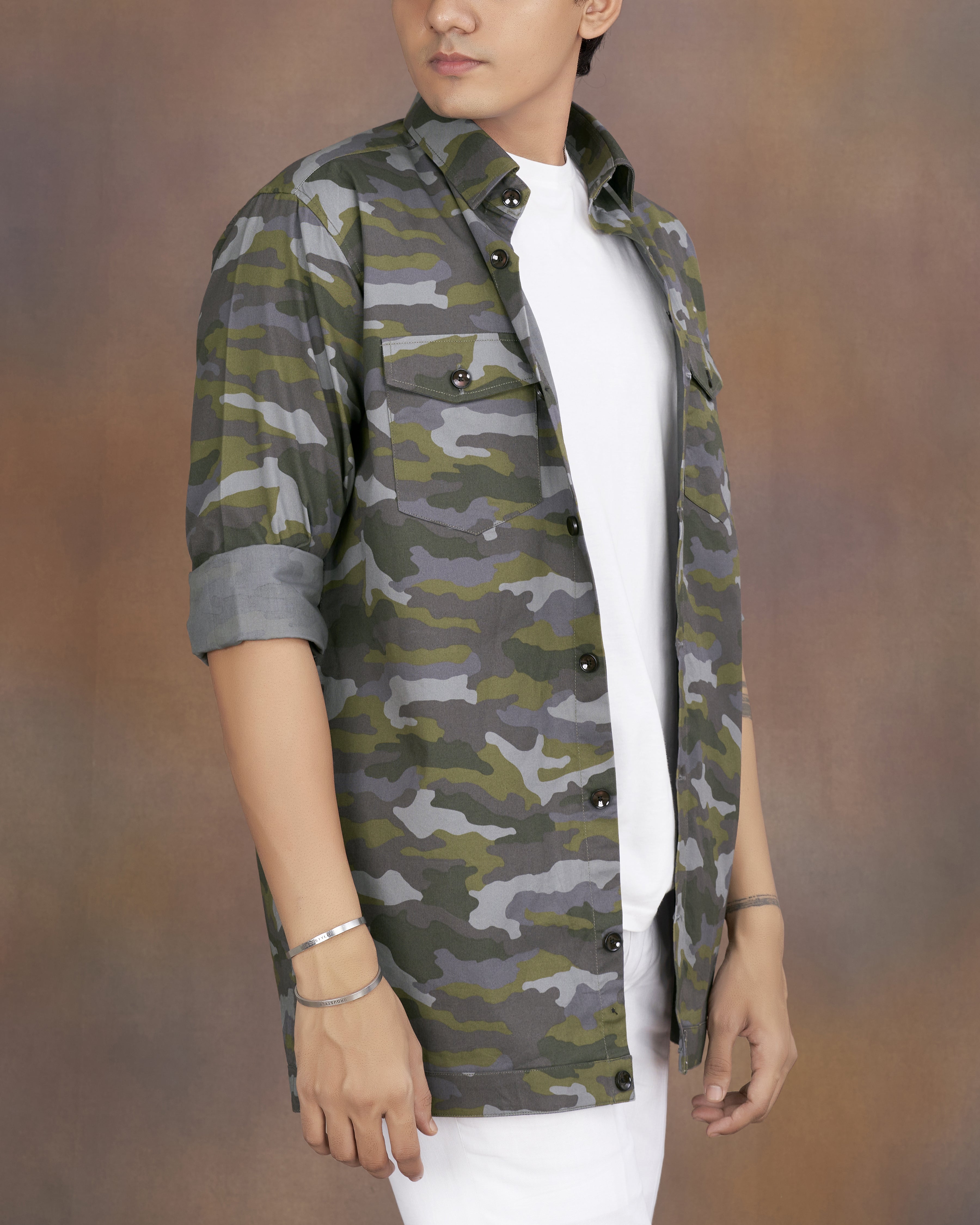 Gravel Gray with Hemlock Green Camouflage Printed Royal Oxford Designer Overshirt/Shacket