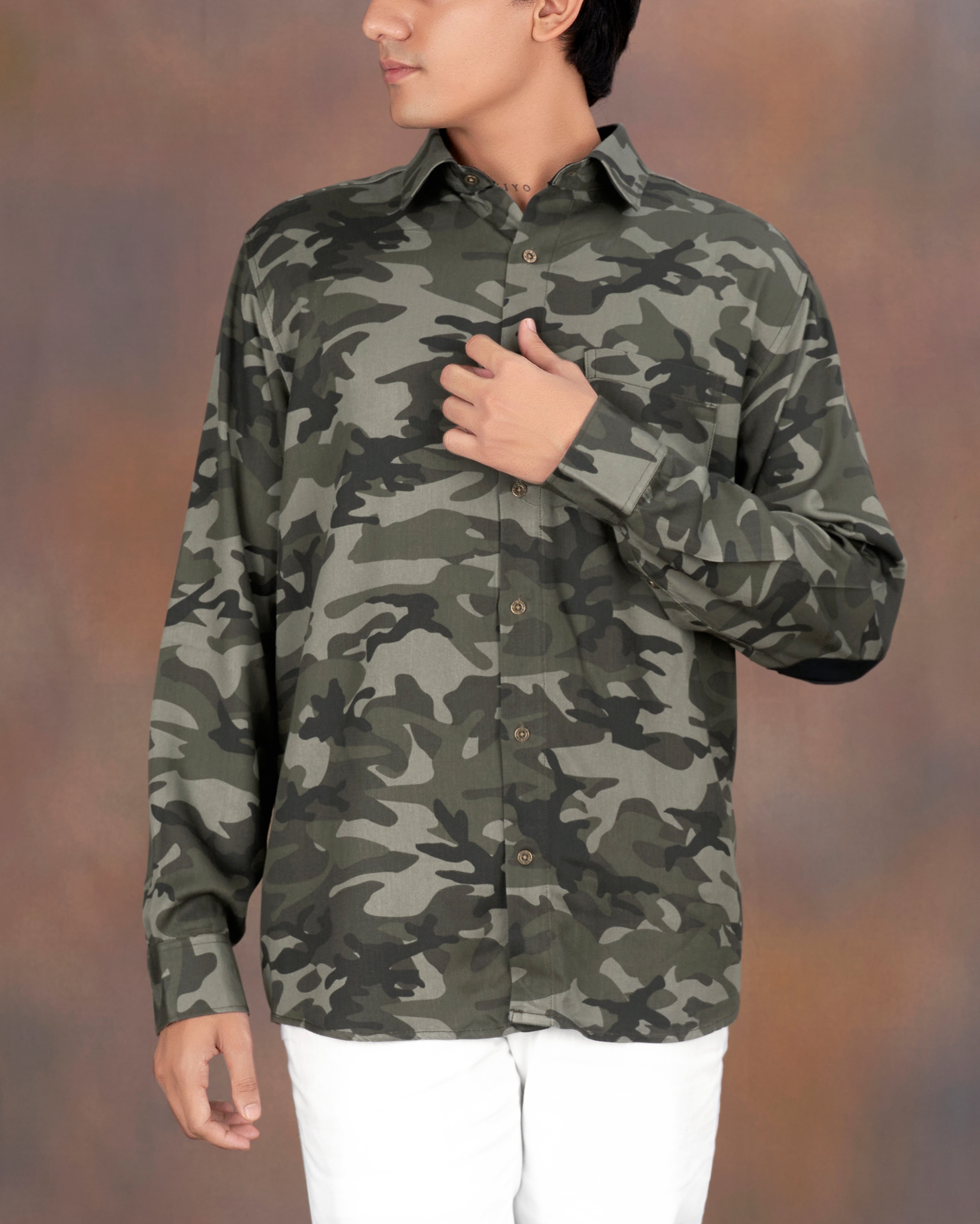 Fuscous Green with Mirage Black Camouflage Military Printed Premium Tencel Designer Shirt