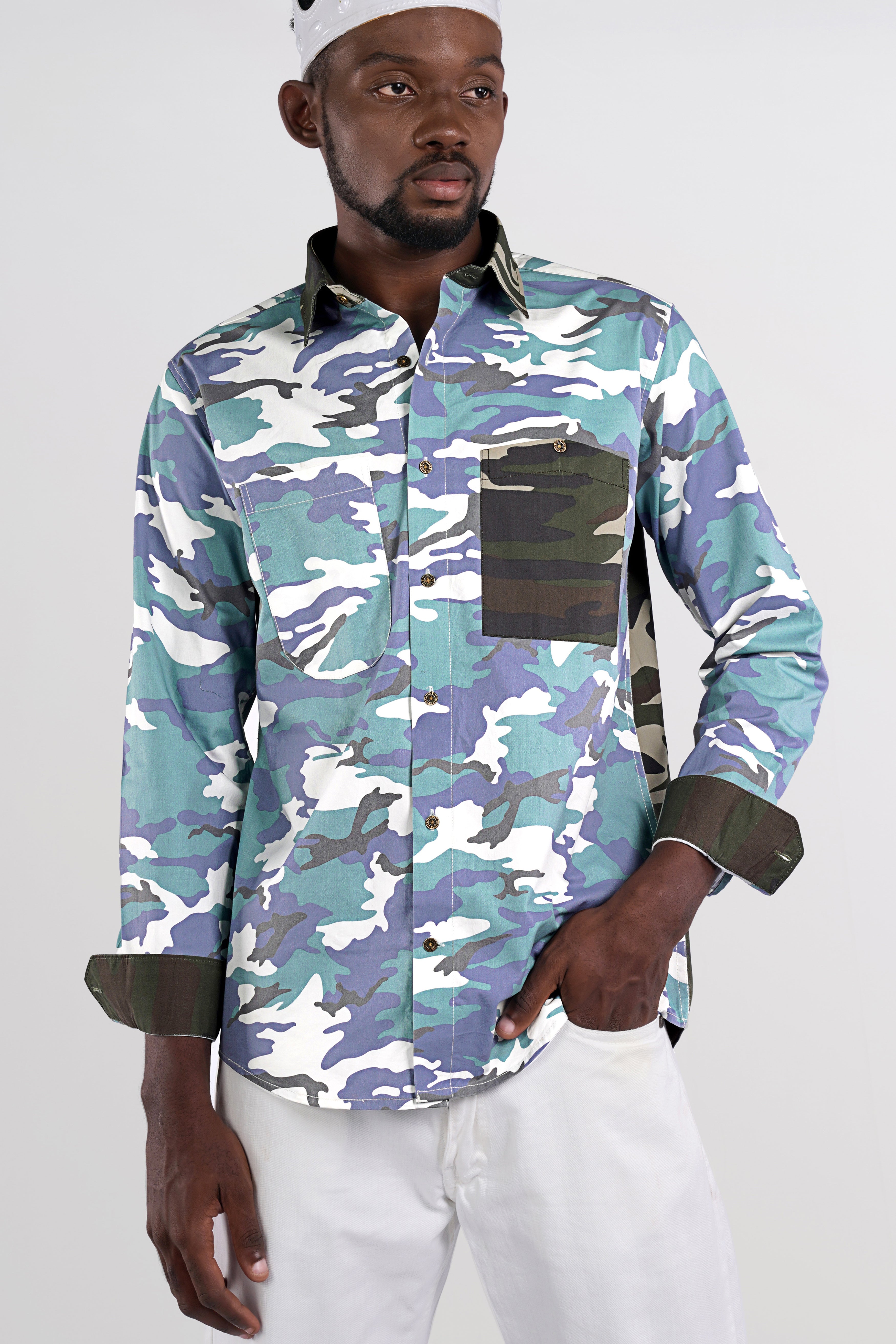 Comet Blue With Multicoloured  Camouflage Printed Royal Oxford Designer Shirt