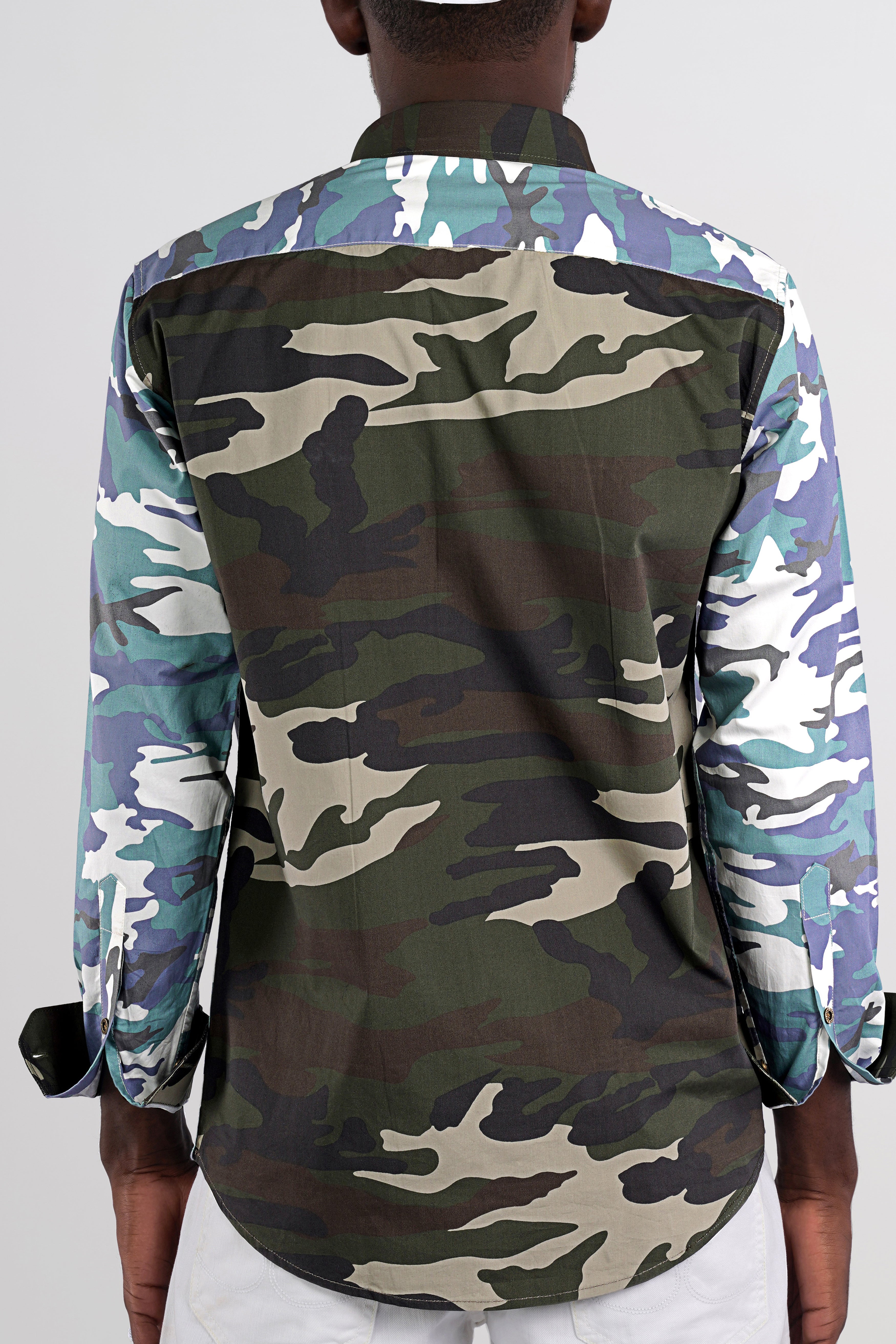 Comet Blue With Multicoloured  Camouflage Printed Royal Oxford Designer Shirt