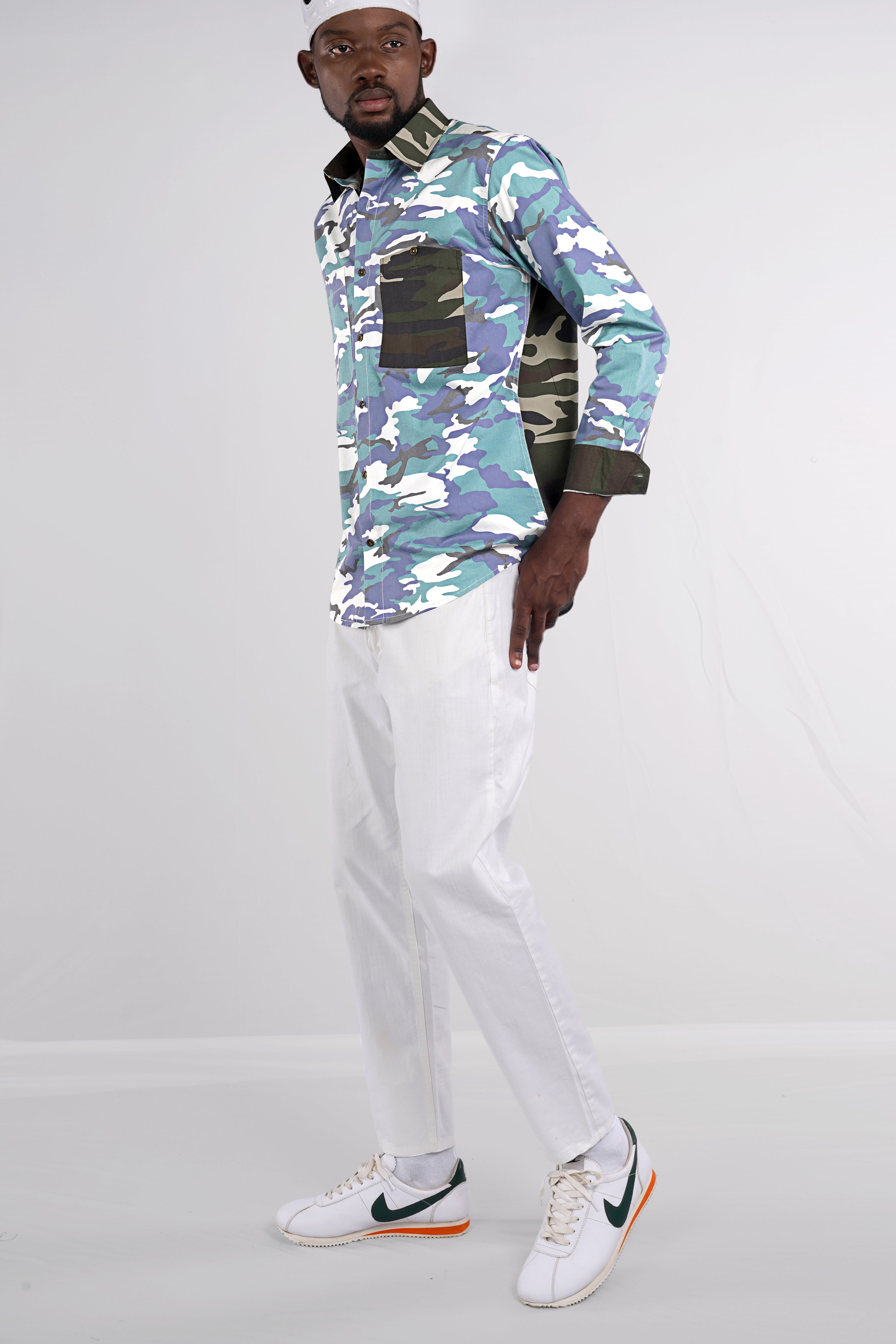 Comet Blue With Multicoloured  Camouflage Printed Royal Oxford Designer Shirt