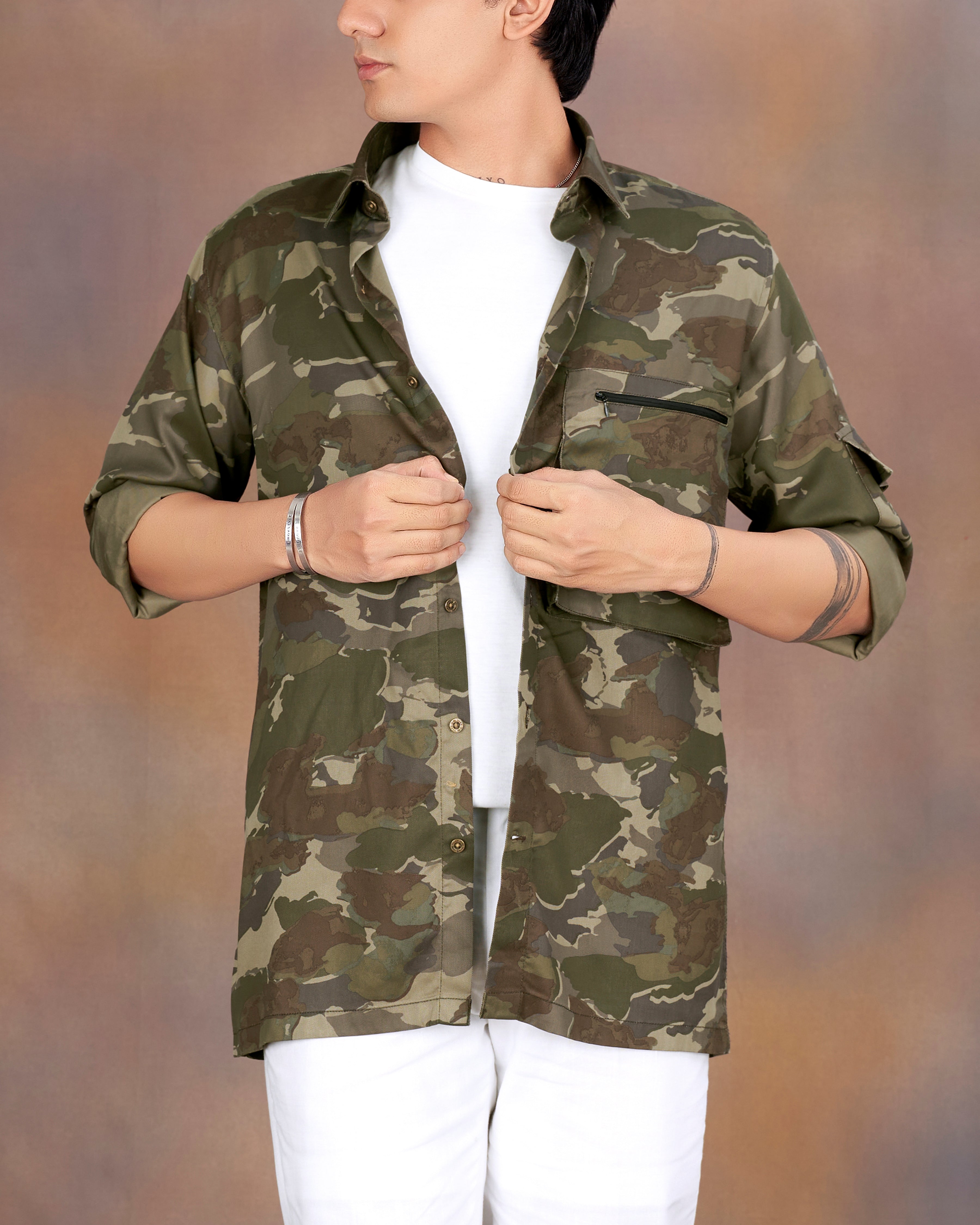 Rebel Brown with Rifle Green Multicoloured Camouflage Military Printed Royal Oxford Designer Shirt