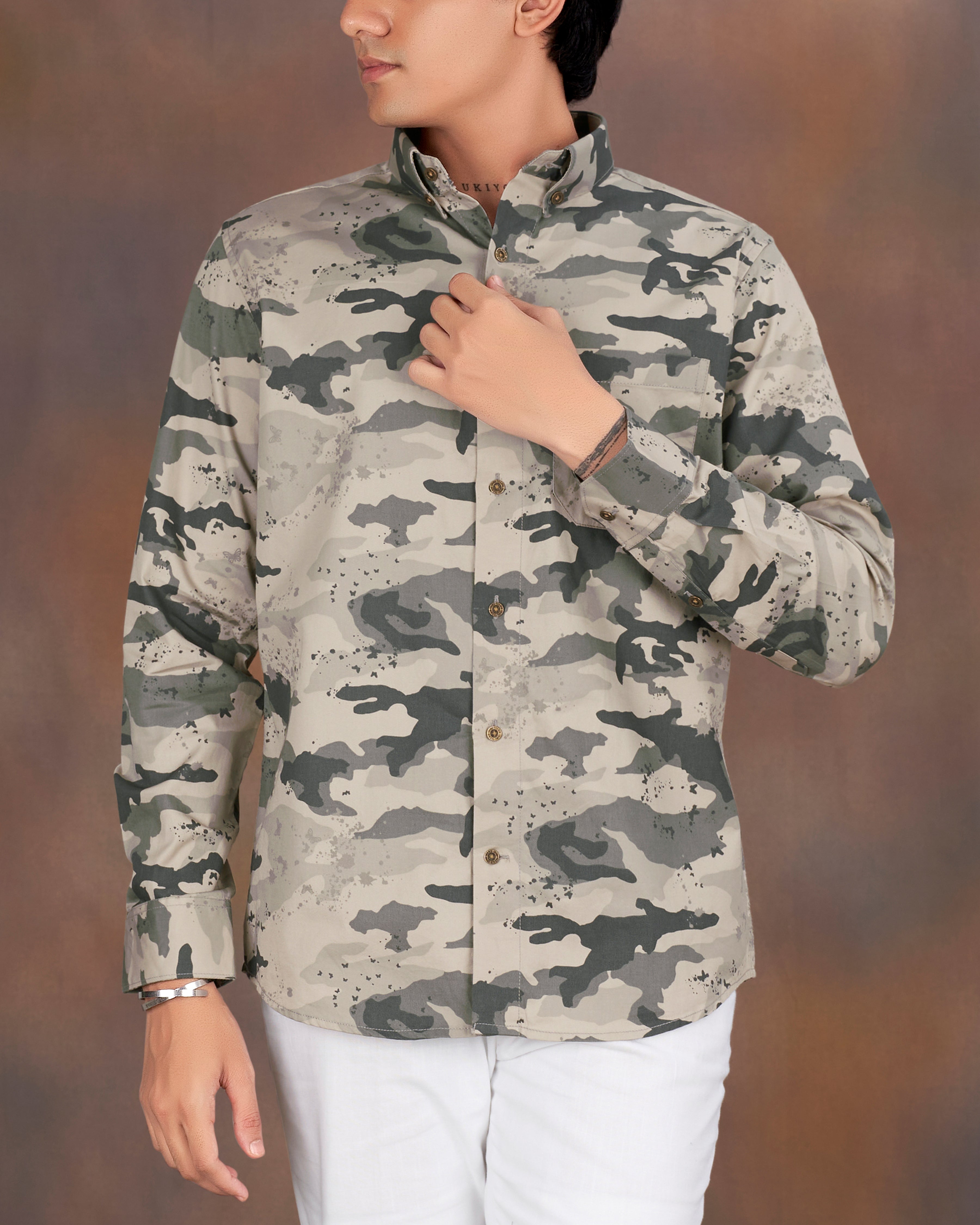 Swirl Brown with Baltic Gray Camouflage Printed Royal Oxford Shirt