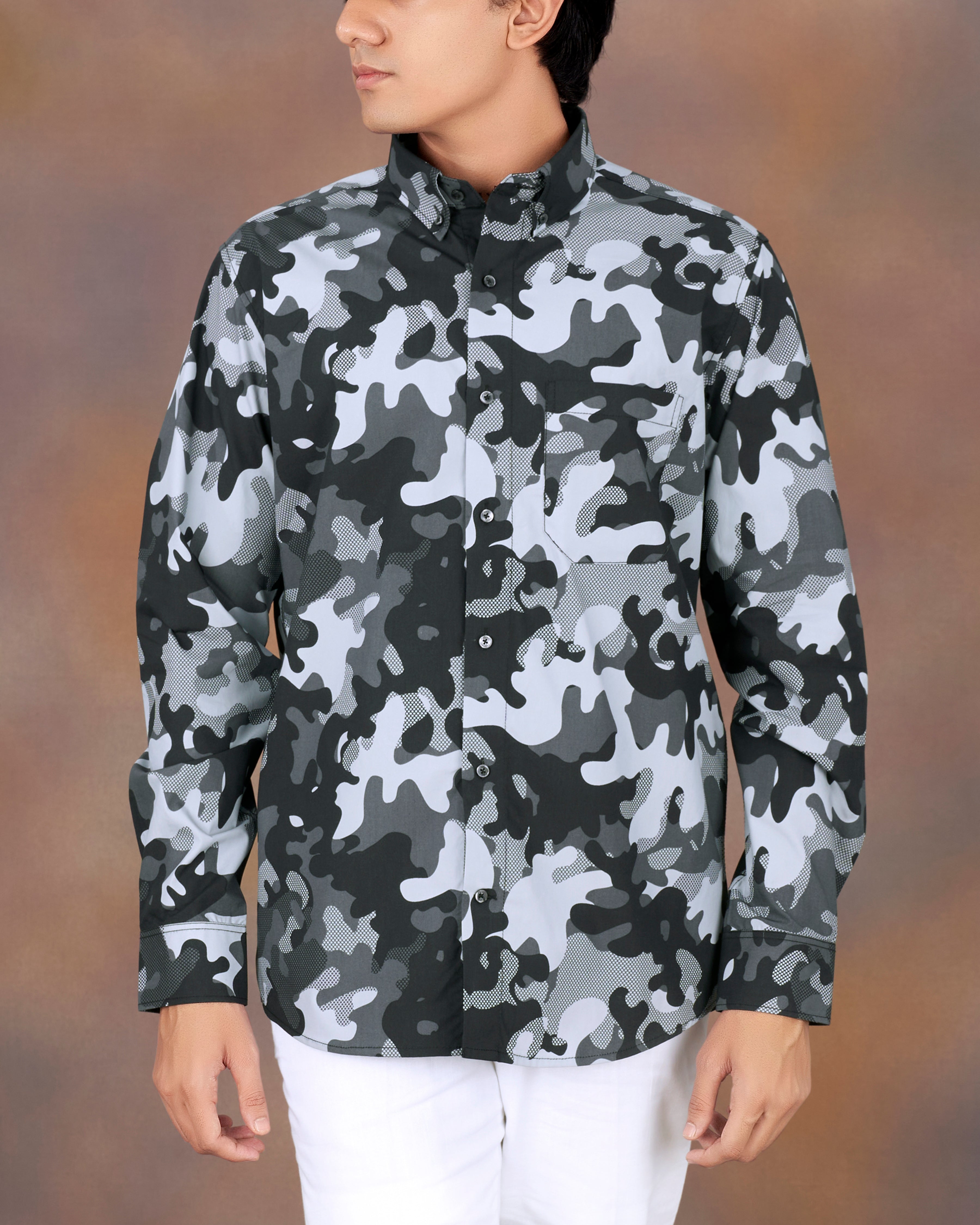 Jade Black with Gunmetal Gray and Haze Blue Camouflage Printed Royal Oxford Shirt