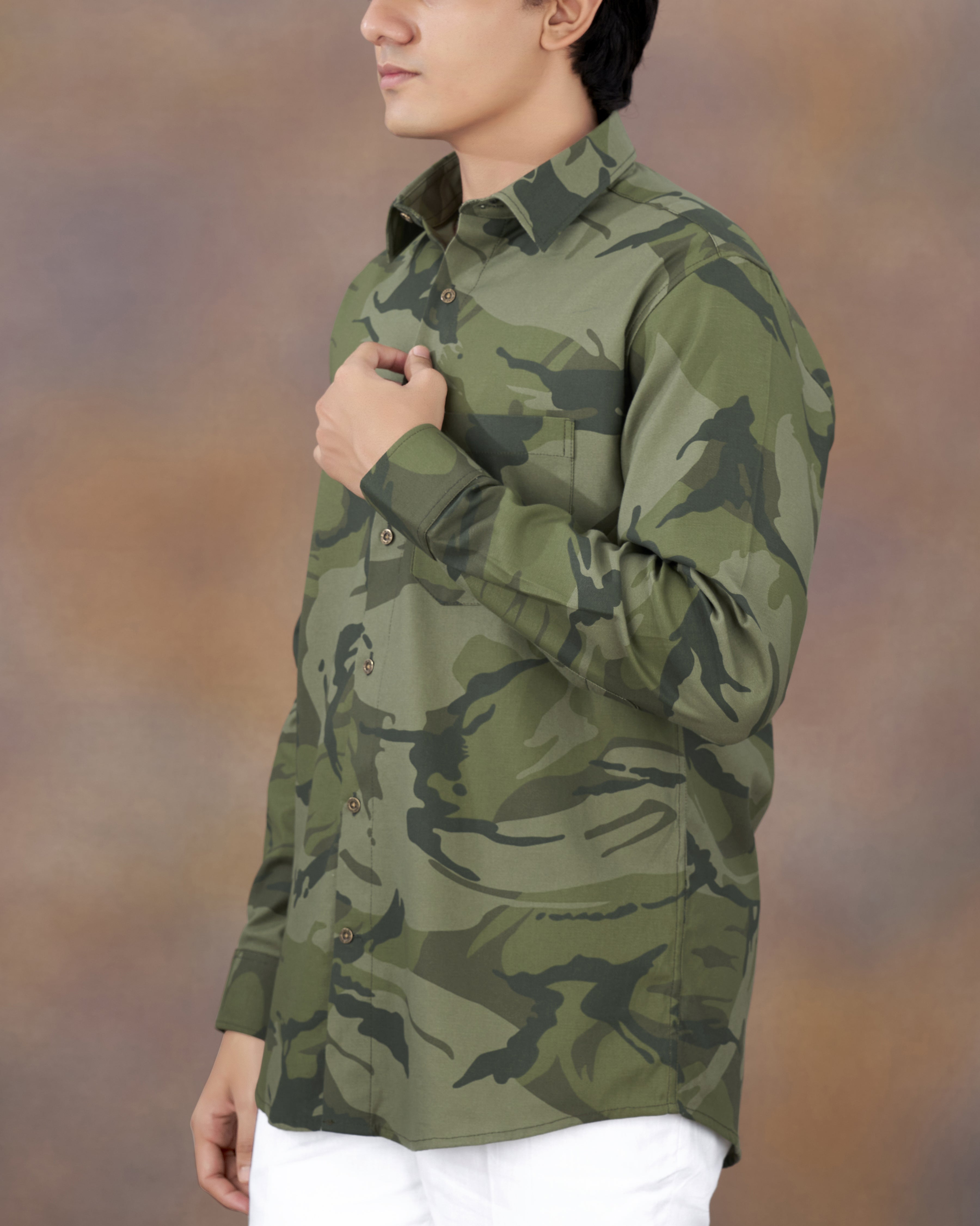 Fuscous Green with Birch Dark Green Camouflage Printed Royal Oxford Shirt