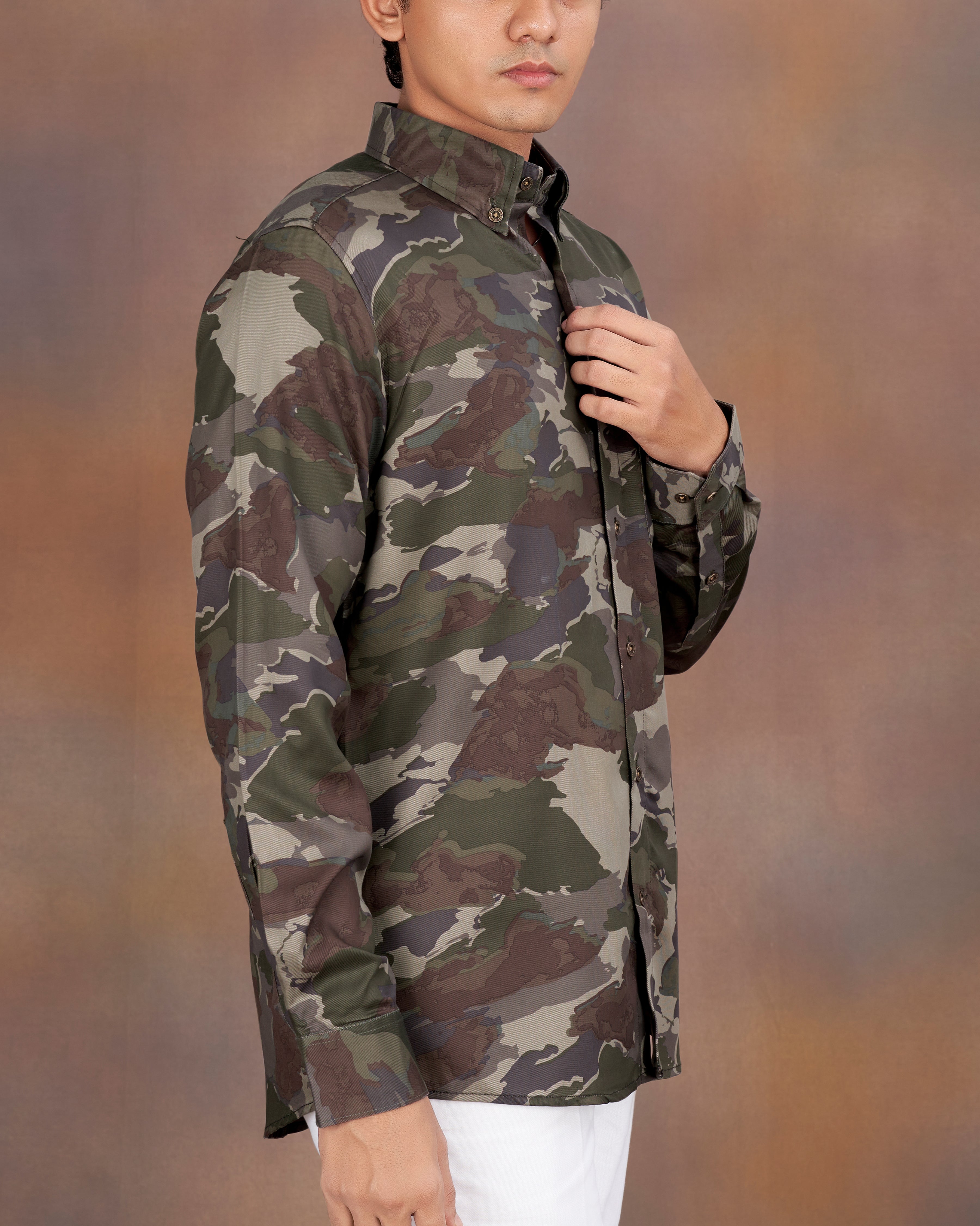 Rebel with Bronco Brown and Rifle Green Camouflage Printed Premium Tencel Shirt