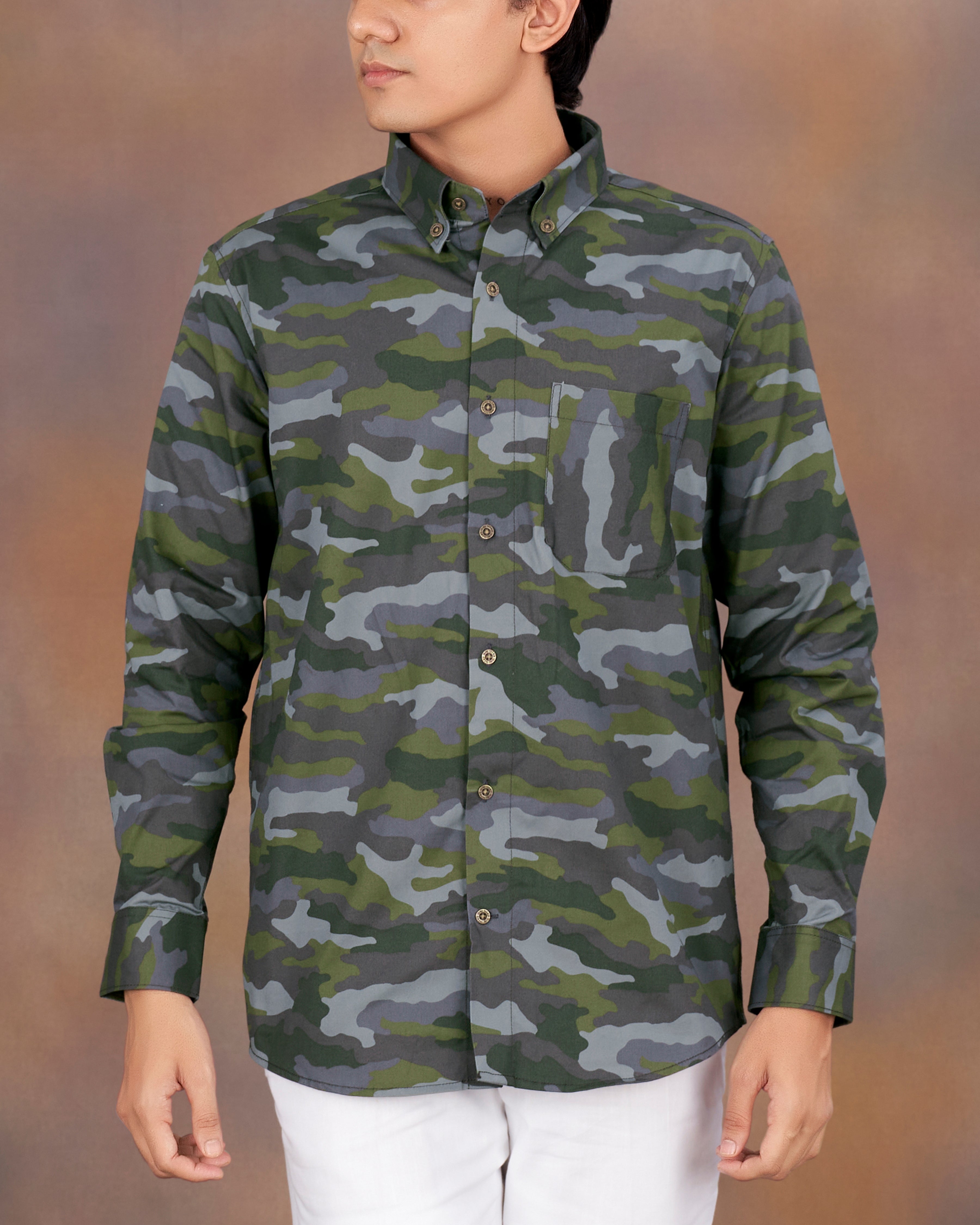 Gravel Gray with Hemlock Green Camouflage Printed Royal Oxford Shirt