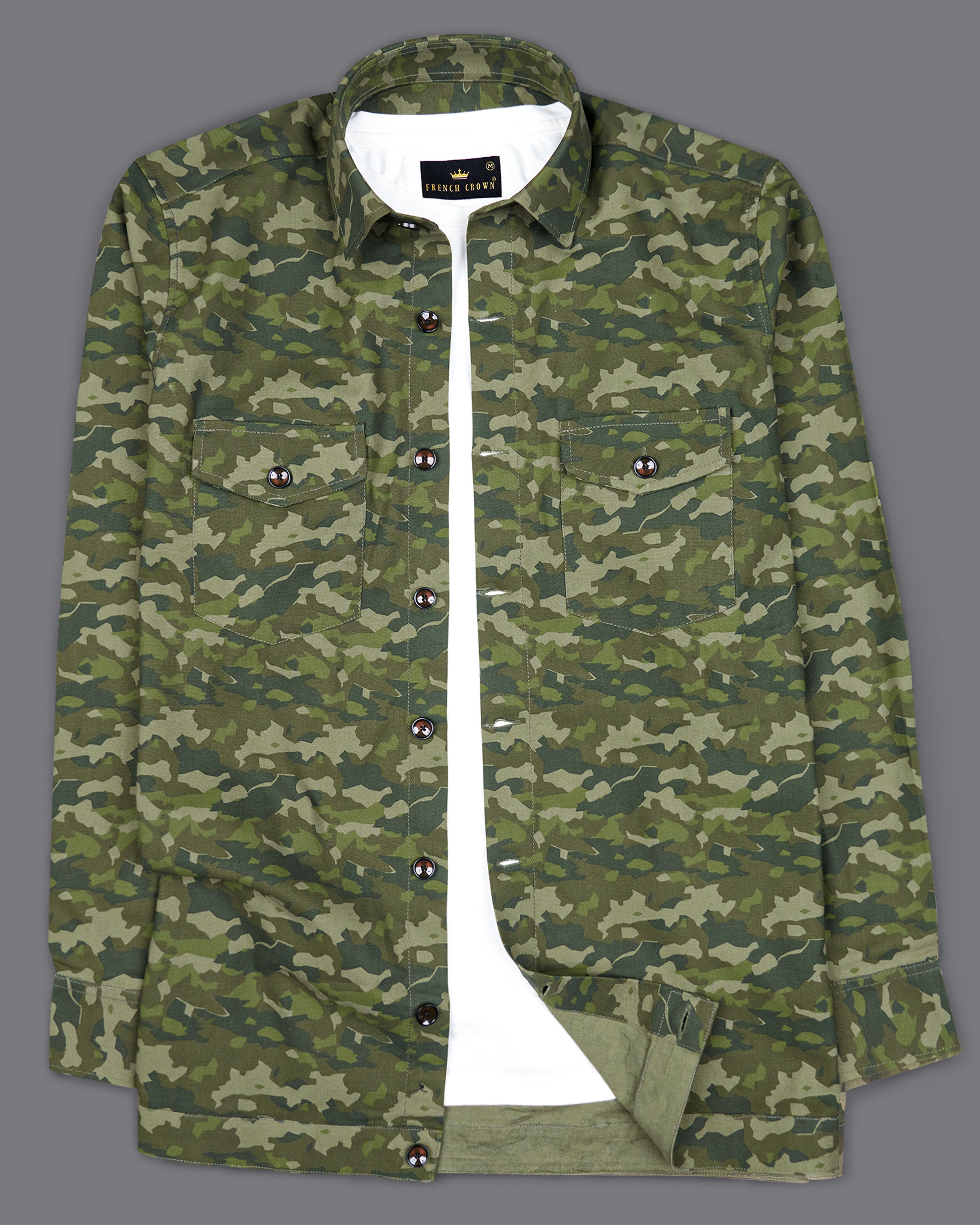 Rifle Green with Stonewall Brown Camouflage Printed Royal Oxford Designer Shirt 8925-P325-38, 8925-P325-H-38,  8925-P325-39,  8925-P325-H-39,  8925-P325-40,  8925-P325-H-40,  8925-P325-42,  8925-P325-H-42,  8925-P325-44,  8925-P325-H-44,  8925-P325-46,  8925-P325-H-46,  8925-P325-48,  8925-P325-H-48,  8925-P325-50,  8925-P325-H-50,  8925-P325-52,  8925-P325-H-52