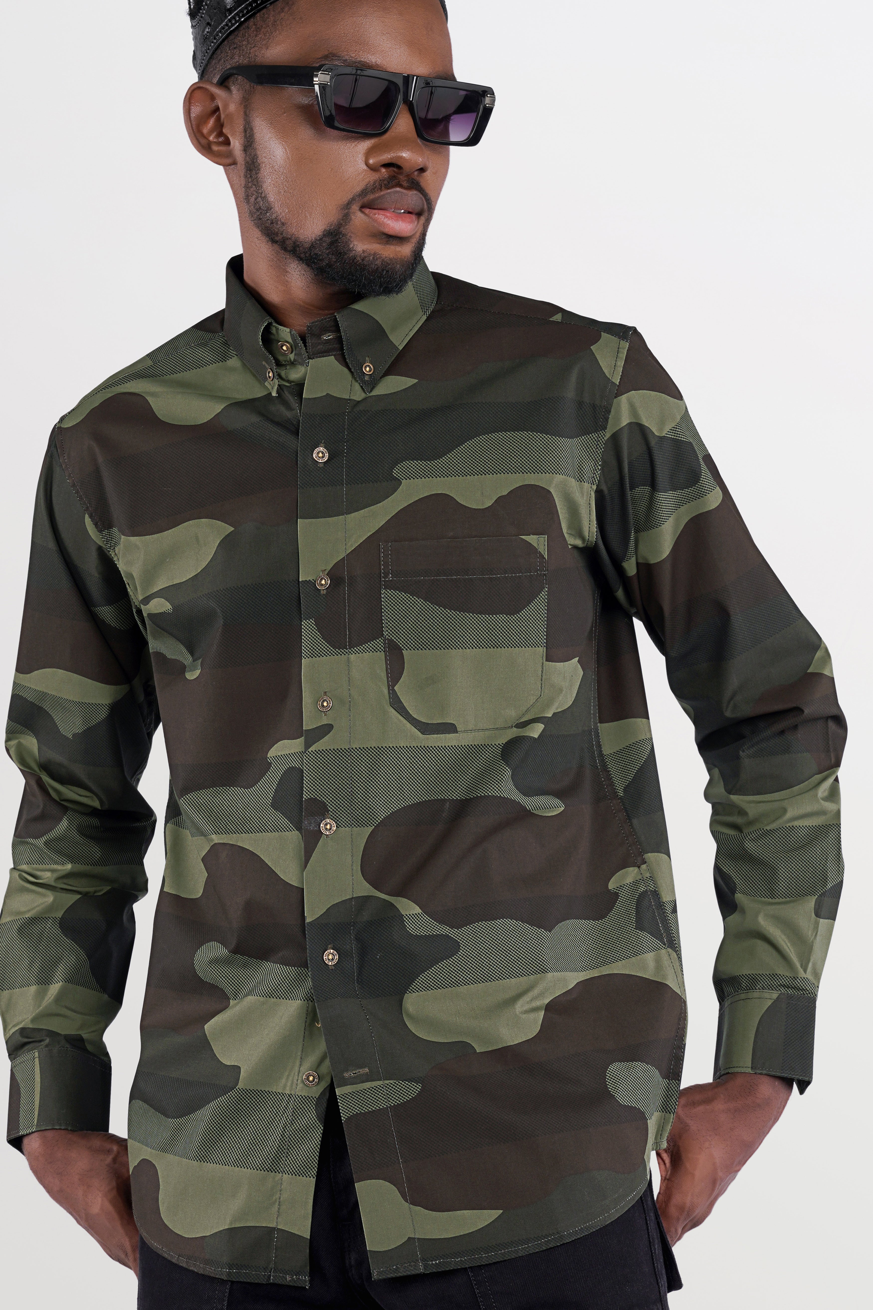 Birch Brown with Iridium Green Camouflage Printed Royal Oxford Shirt