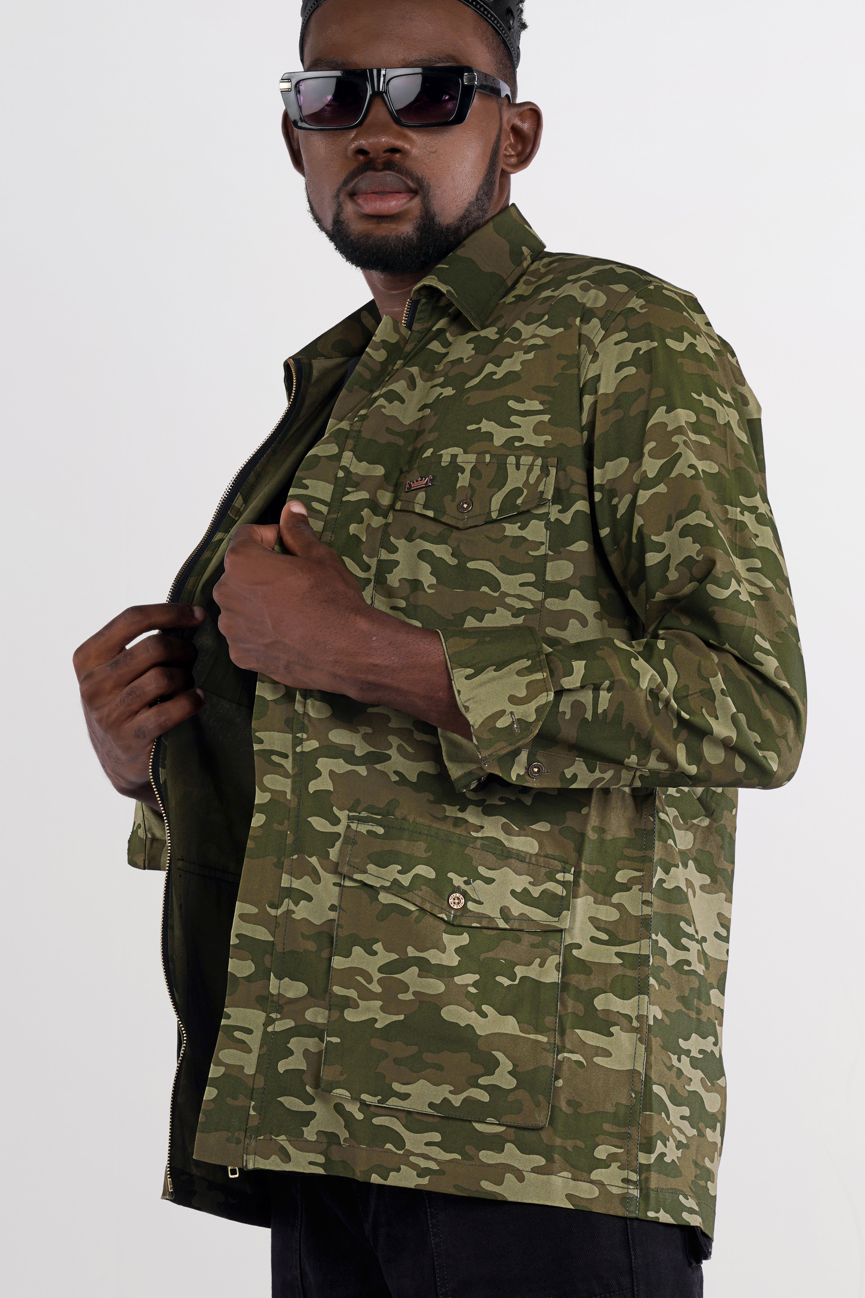 Bistre Green with Fuscous Brown Camouflage Printed Royal Oxford Designer zipper Jacket