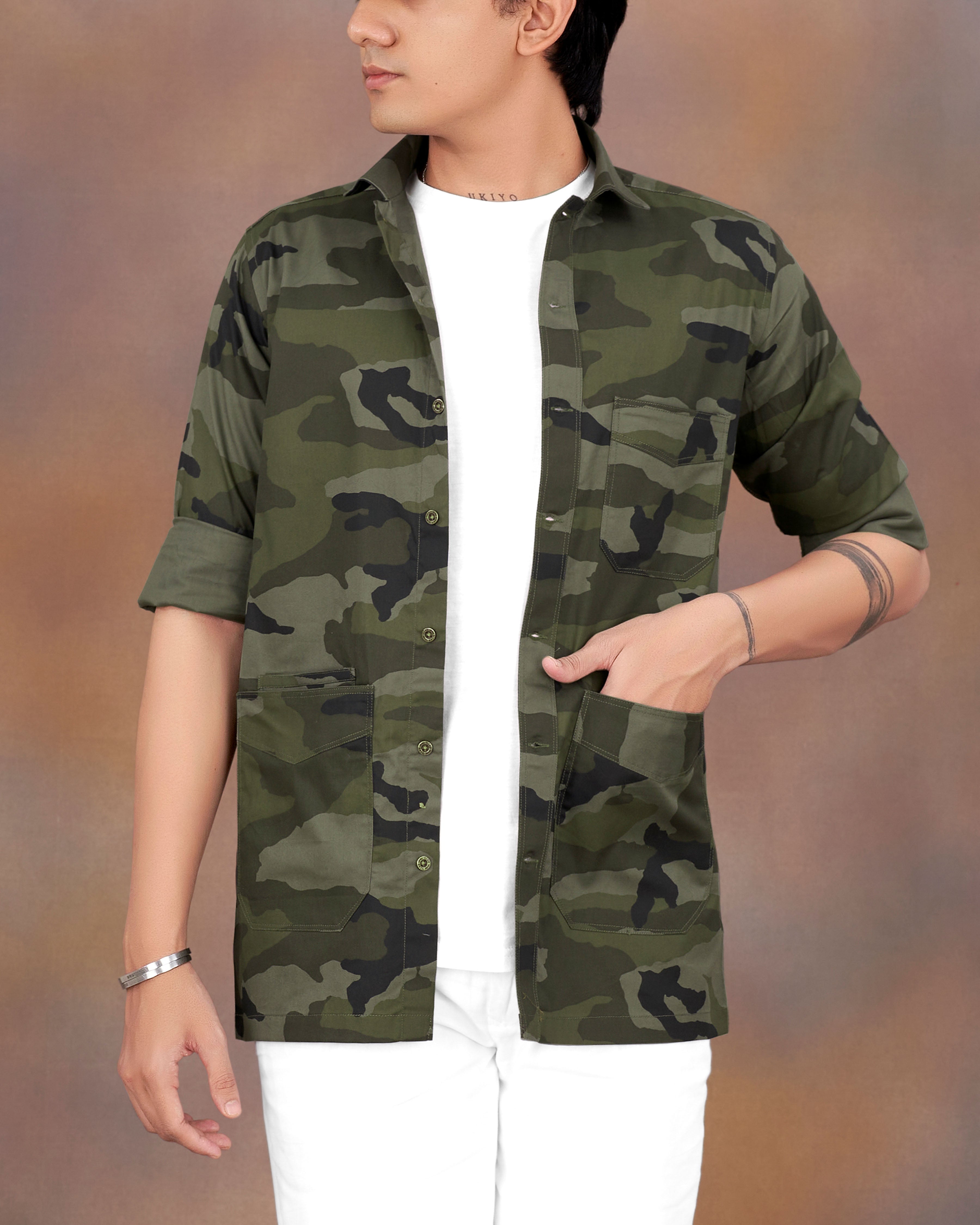 Iridium Green with Mirage Black Camouflage Printed Royal Oxford Designer Overshirt/Shacket