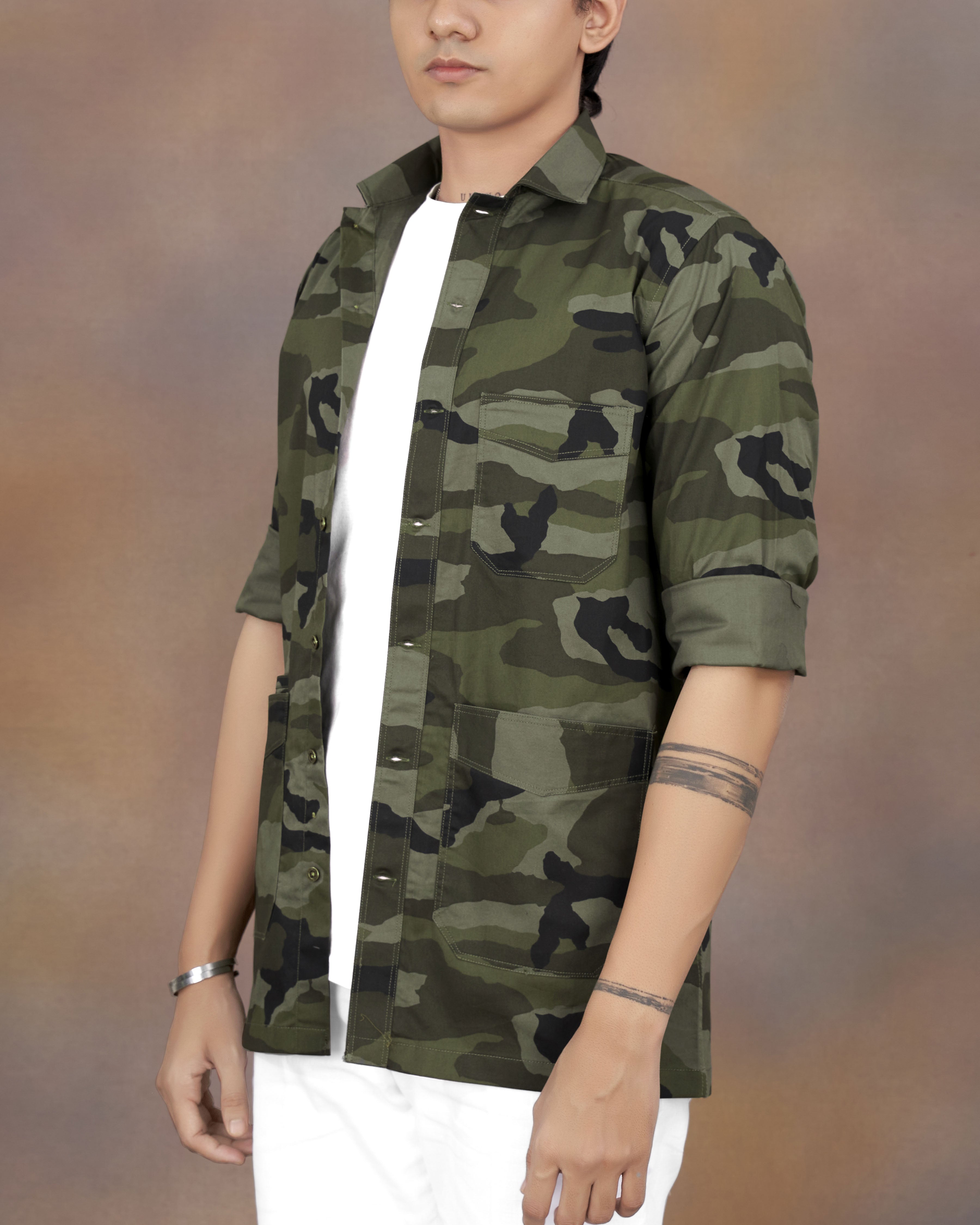 Iridium Green with Mirage Black Camouflage Printed Royal Oxford Designer Overshirt/Shacket