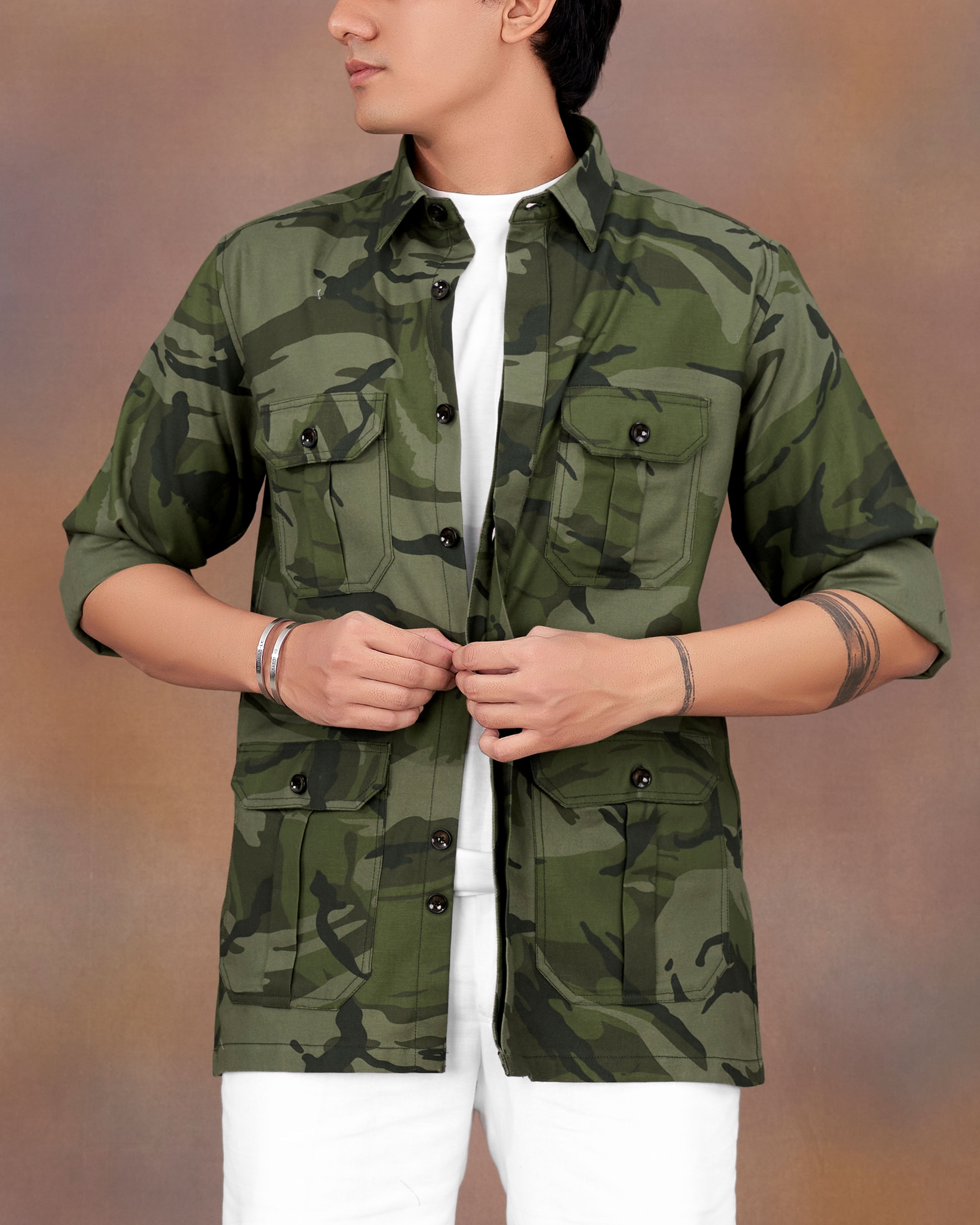 Finch Green with Taupe Brown Camouflage Printed Royal Oxford Designer Overshirt/Shacket