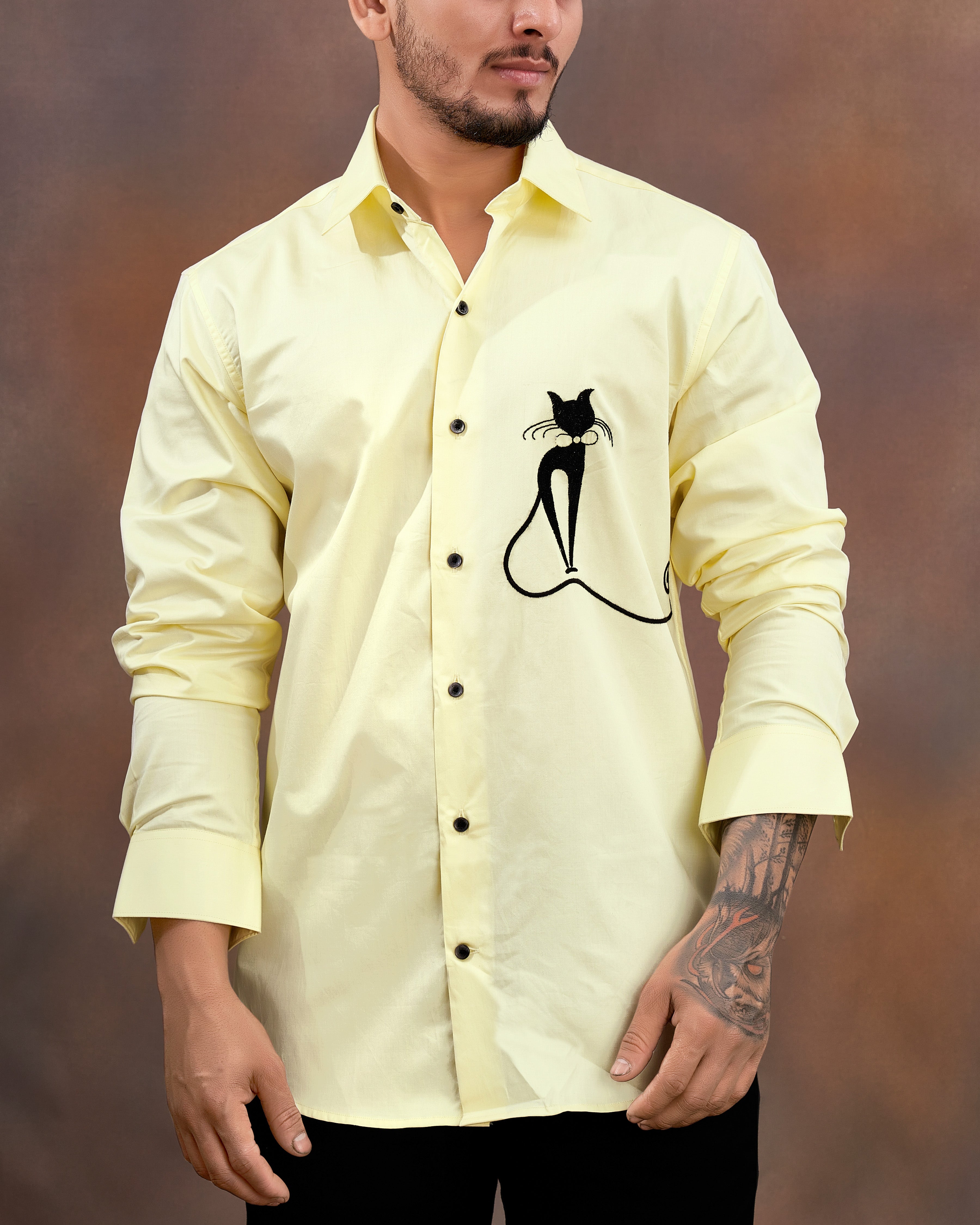 Citrine Yellow Subtle Sheen With Cat Embroidered Super Soft Premium Cotton Shirt 8957-BLK-E032-38, 8957-BLK-E032-H-38, 8957-BLK-E032-39, 8957-BLK-E032-H-39, 8957-BLK-E032-40, 8957-BLK-E032-H-40, 8957-BLK-E032-42, 8957-BLK-E032-H-42, 8957-BLK-E032-44, 8957-BLK-E032-H-44, 8957-BLK-E032-46, 8957-BLK-E032-H-46, 8957-BLK-E032-48, 8957-BLK-E032-H-48, 8957-BLK-E032-50, 8957-BLK-E032-H-50, 8957-BLK-E032-52, 8957-BLK-E032-H-52