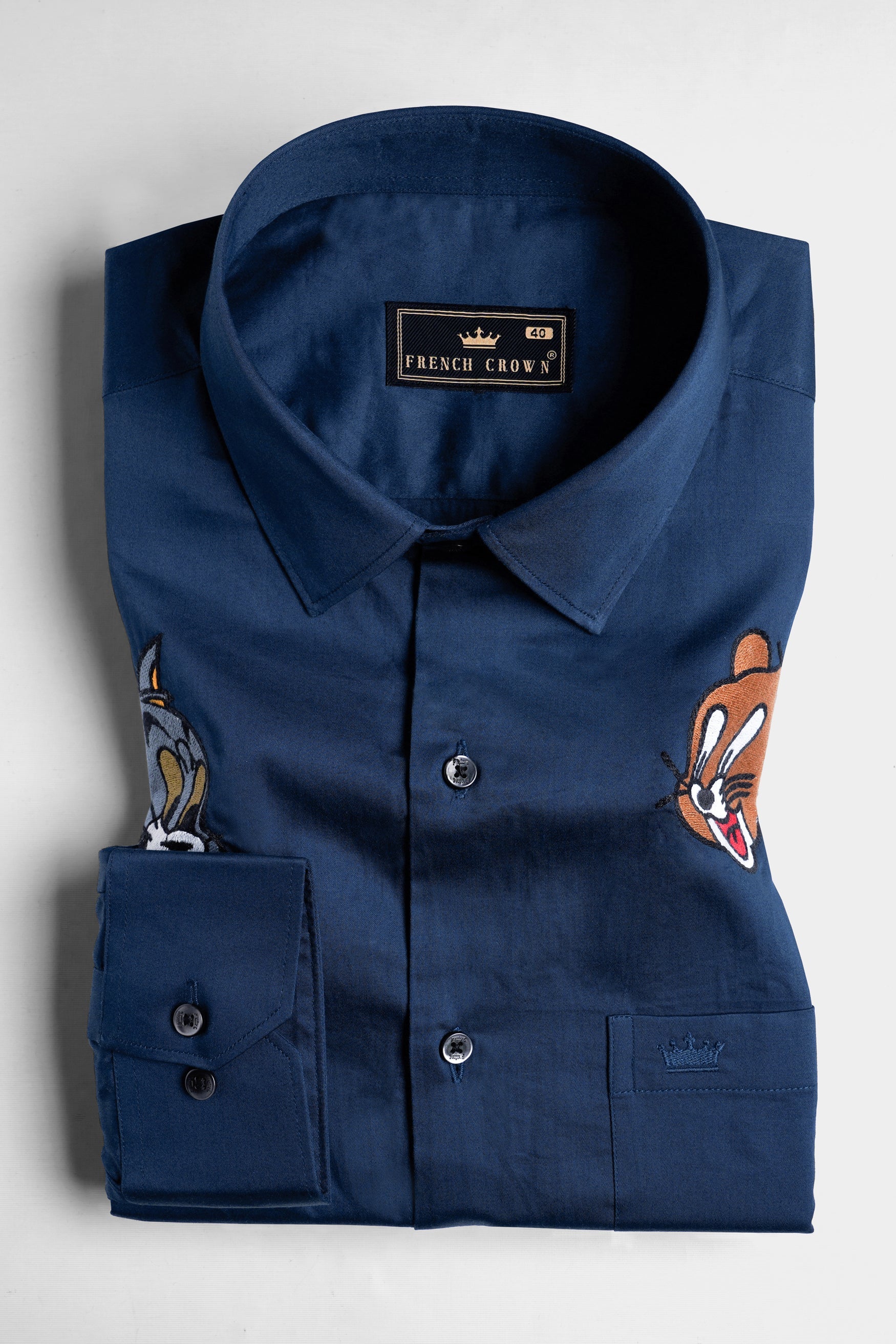 Zodiac Blue With Multicolour Subtle Sheen Tom and Jerry Embroidered Super Soft Premium Cotton Shirt