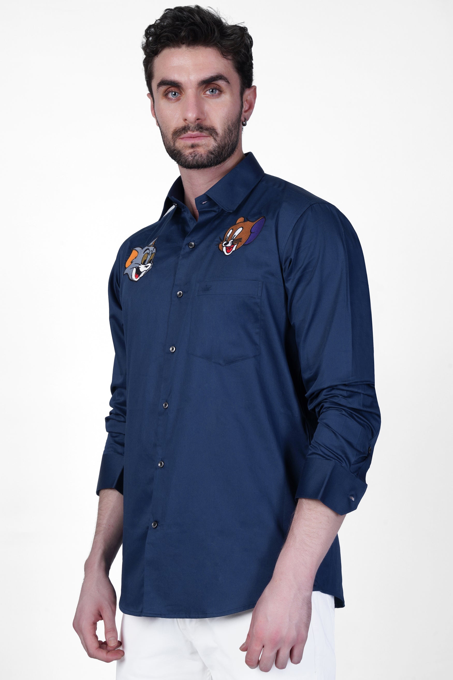 Zodiac Blue With Multicolour Subtle Sheen Tom and Jerry Embroidered Super Soft Premium Cotton Shirt