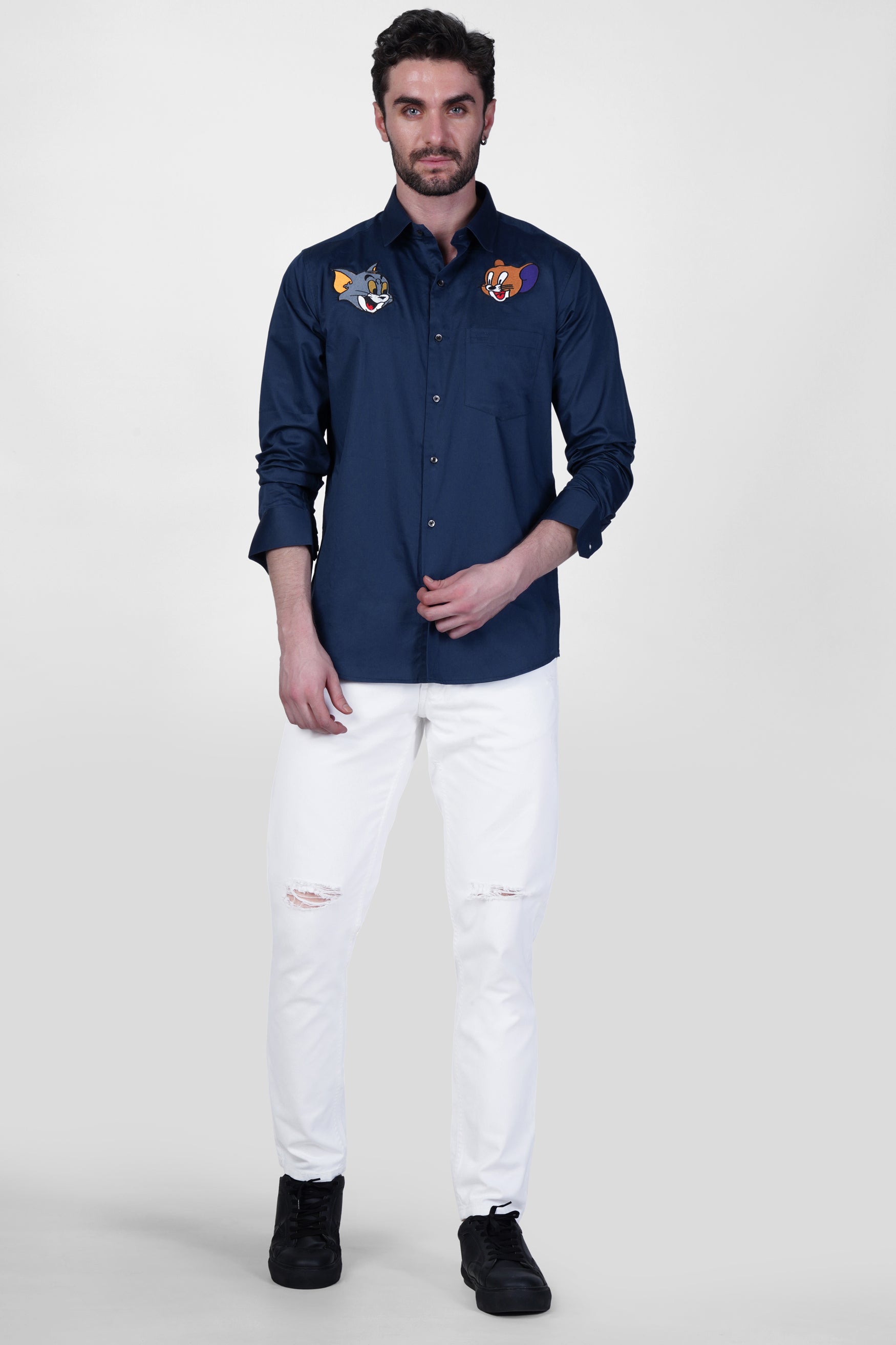 Zodiac Blue With Multicolour Subtle Sheen Tom and Jerry Embroidered Super Soft Premium Cotton Shirt