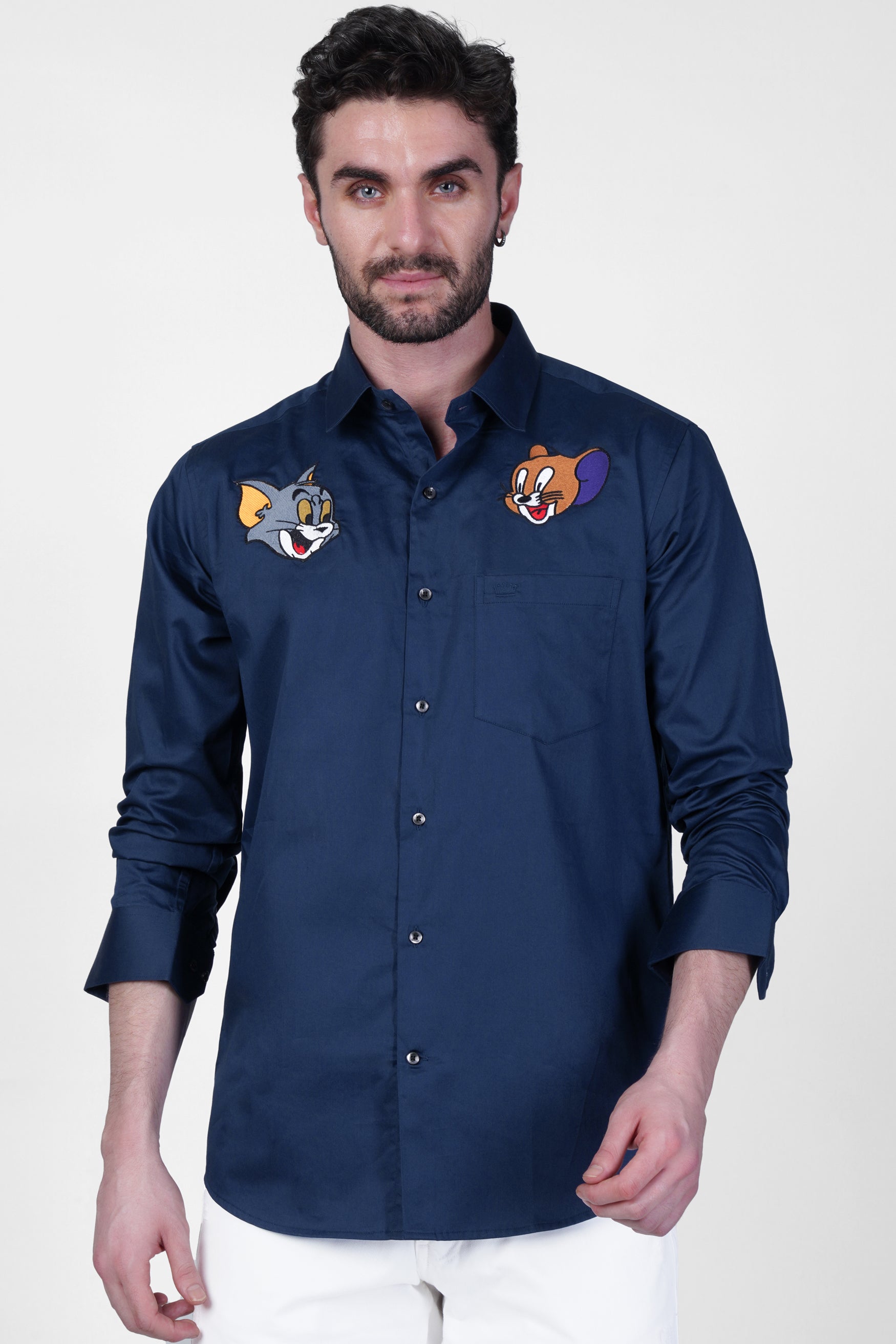 Zodiac Blue With Multicolour Subtle Sheen Tom and Jerry Embroidered Super Soft Premium Cotton Shirt